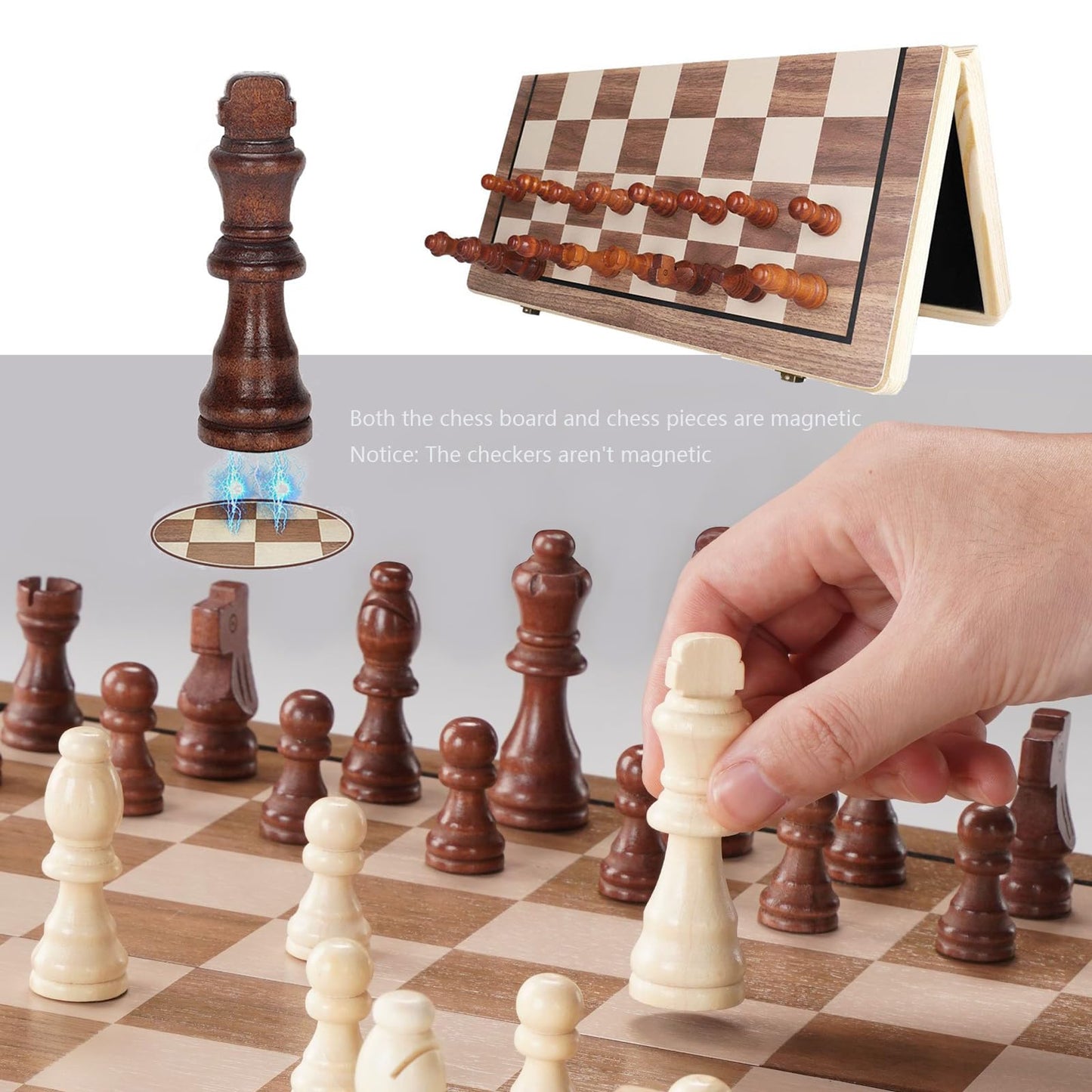 APYR AOMA 15-Inch Wooden Chess Set – Folding Magnetic Board with 2 Extra Queens