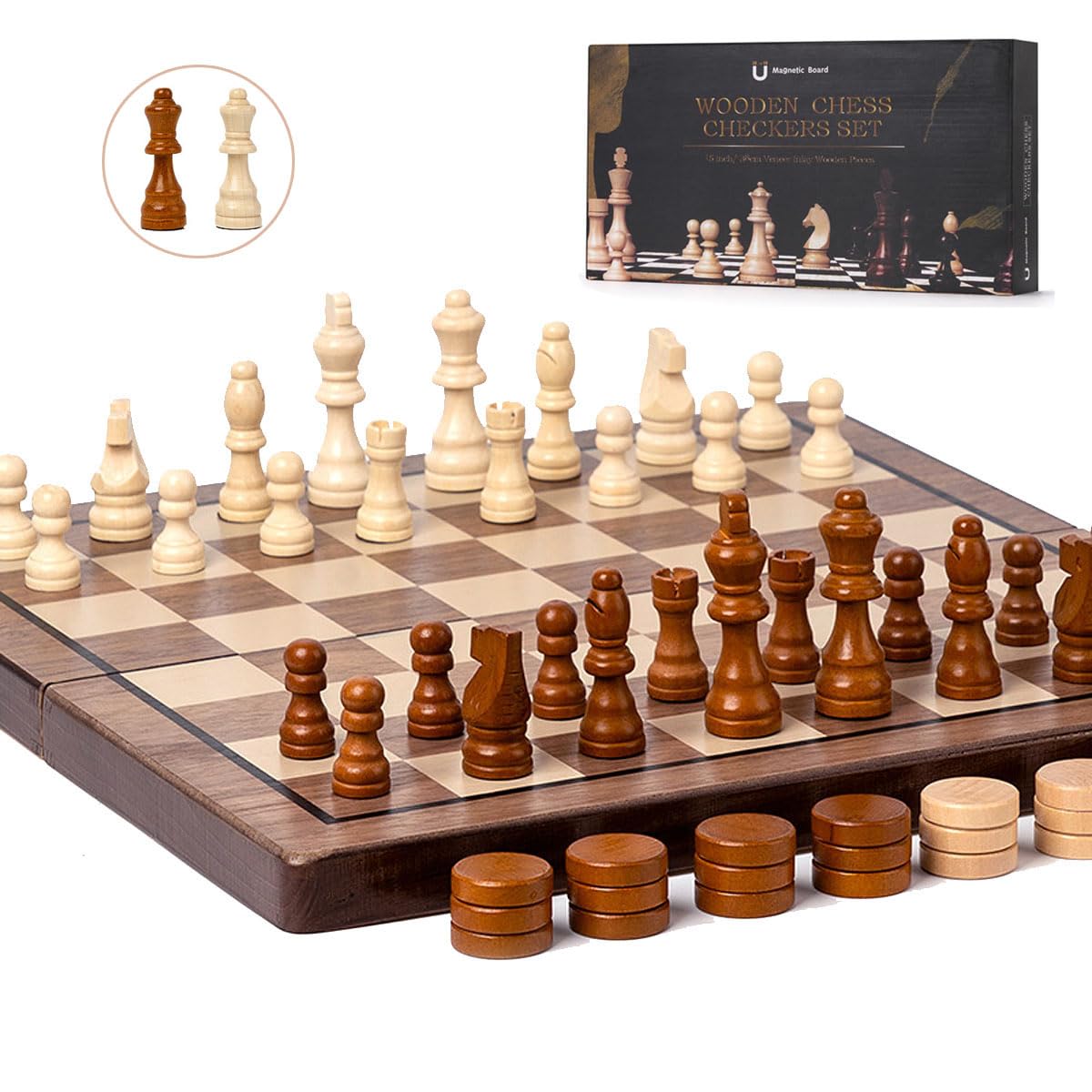 APYR AOMA Chess Set 15'' Walnut Wooden Magnetic Folding Board with Checkers & 2 Extra Queens