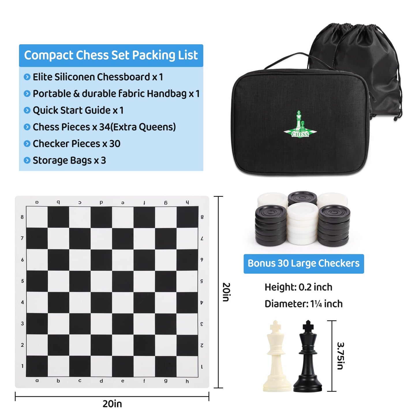 APYR AOMA Travel Chess Set – 20-Inch Silicone Board, 3.75-Inch King Height, 2-in-1 Chess & Checkers with Portable Case