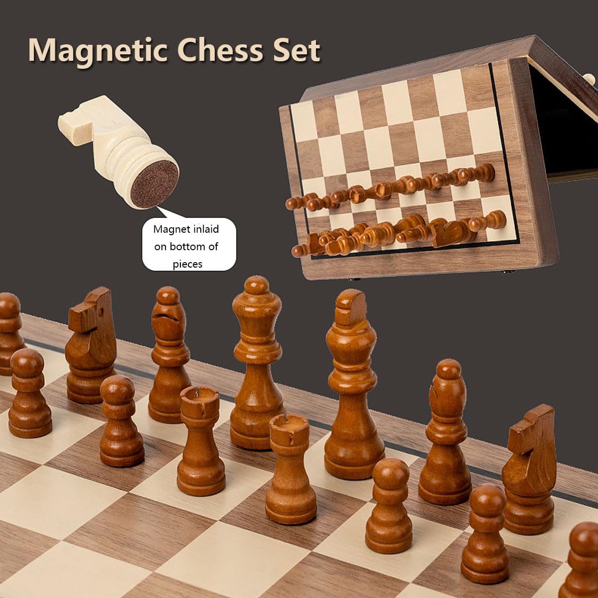 APYR AOMA Chess Set 15'' Walnut Wooden Magnetic Folding Board with Checkers & 2 Extra Queens