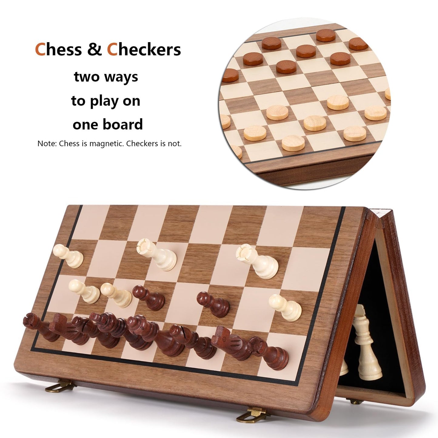 APYR AOMA Chess Set 15'' Walnut Wooden Magnetic Folding Board with Checkers & 2 Extra Queens