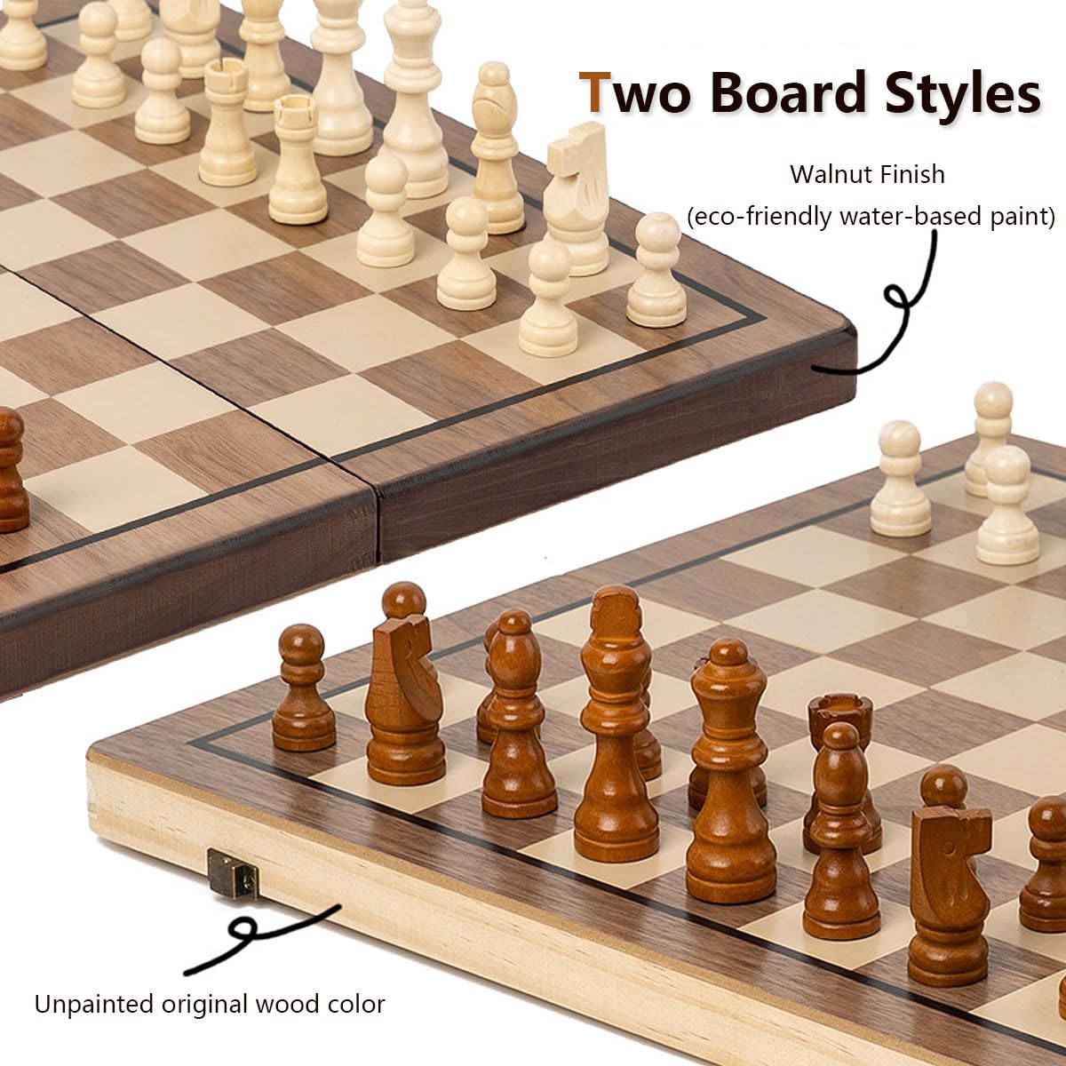 APYR AOMA Chess Set 15'' Walnut Wooden Magnetic Folding Board with Checkers & 2 Extra Queens