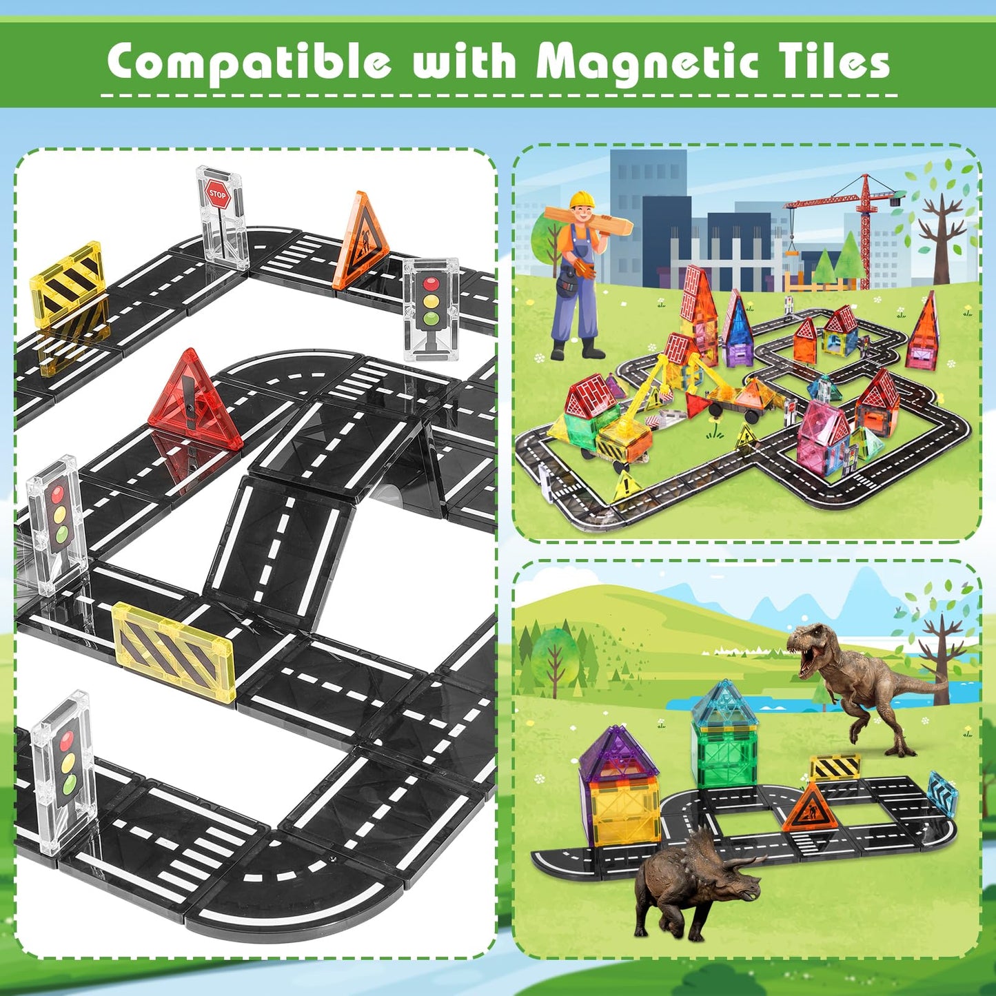 apyr aoma Magnetic Tiles Road Expansion Pack 48 Pcs – STEM Road Building for Kids 3+