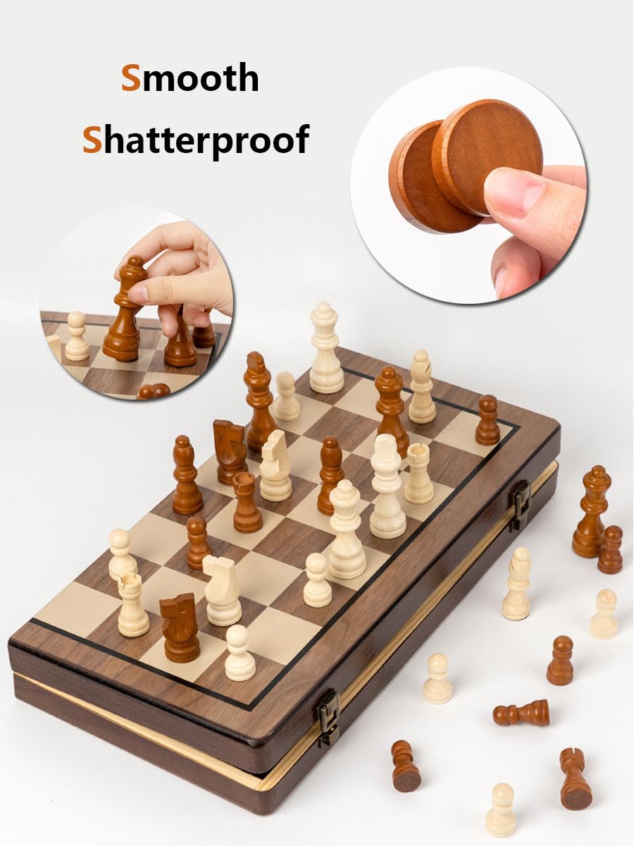 APYR AOMA Chess Set 15'' Walnut Wooden Magnetic Folding Board with Checkers & 2 Extra Queens