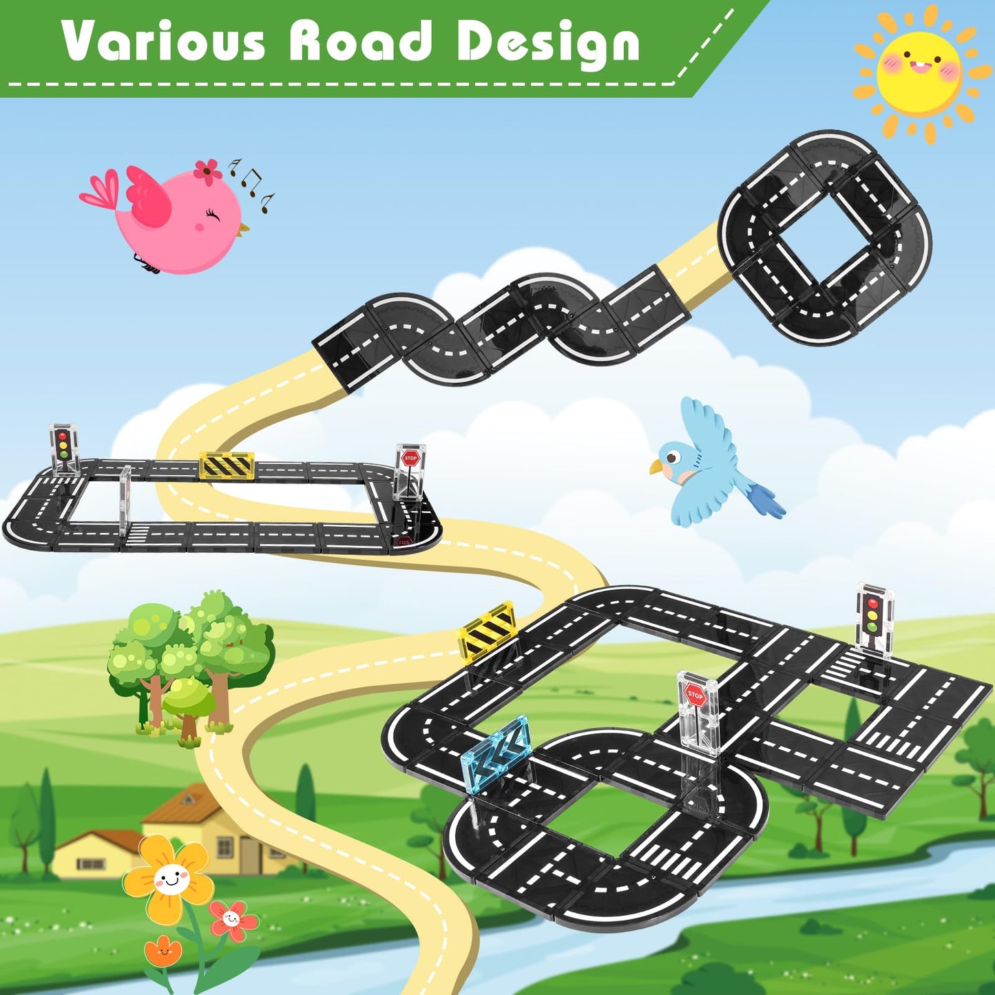 apyr aoma Magnetic Tiles Road Expansion Pack 48 Pcs – STEM Road Building for Kids 3+