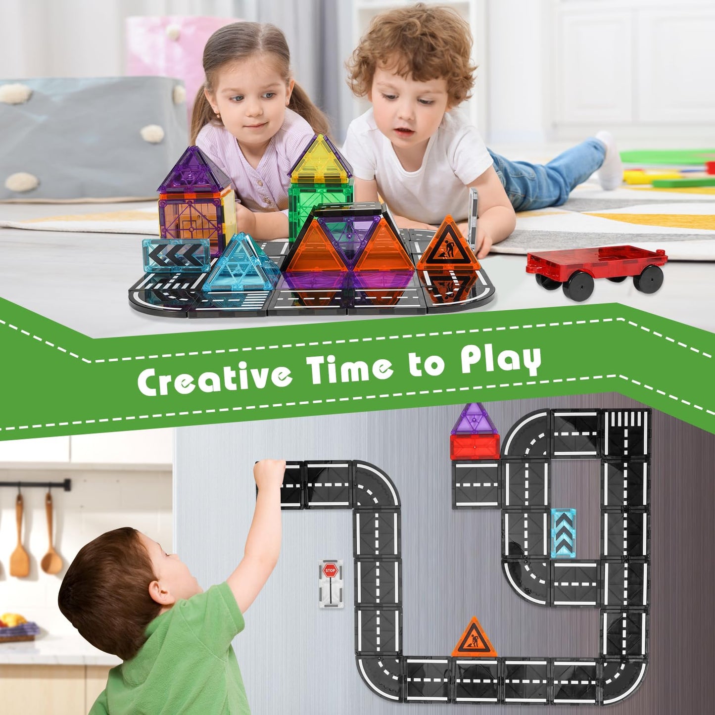 apyr aoma Magnetic Tiles Road Expansion Pack 48 Pcs – STEM Road Building for Kids 3+