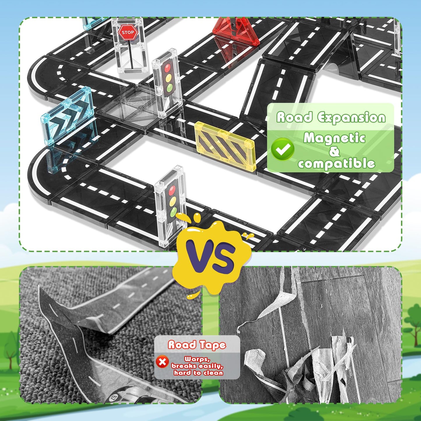 apyr aoma Magnetic Tiles Road Expansion Pack 48 Pcs – STEM Road Building for Kids 3+
