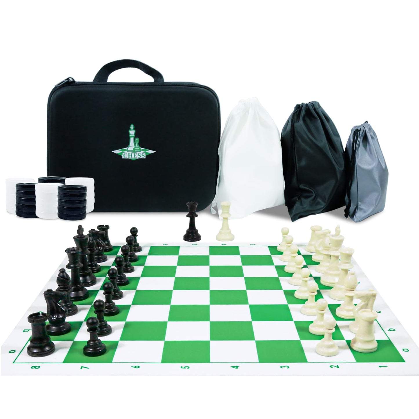 APYR AOMA Travel Chess Set – 20-inch Silicone Board, 3.75 inch King, Extra Queens, 2-in-1 Portable Chess & Checkers