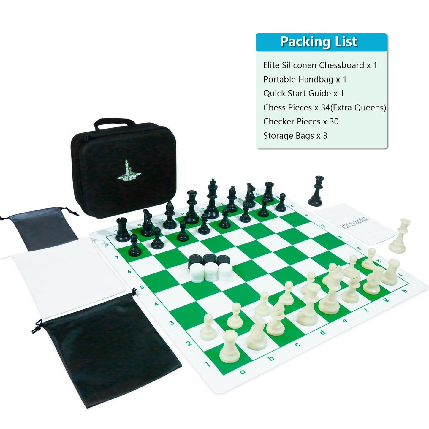 APYR AOMA Travel Chess Set – 20-inch Silicone Board, 3.75 inch King, Extra Queens, 2-in-1 Portable Chess & Checkers
