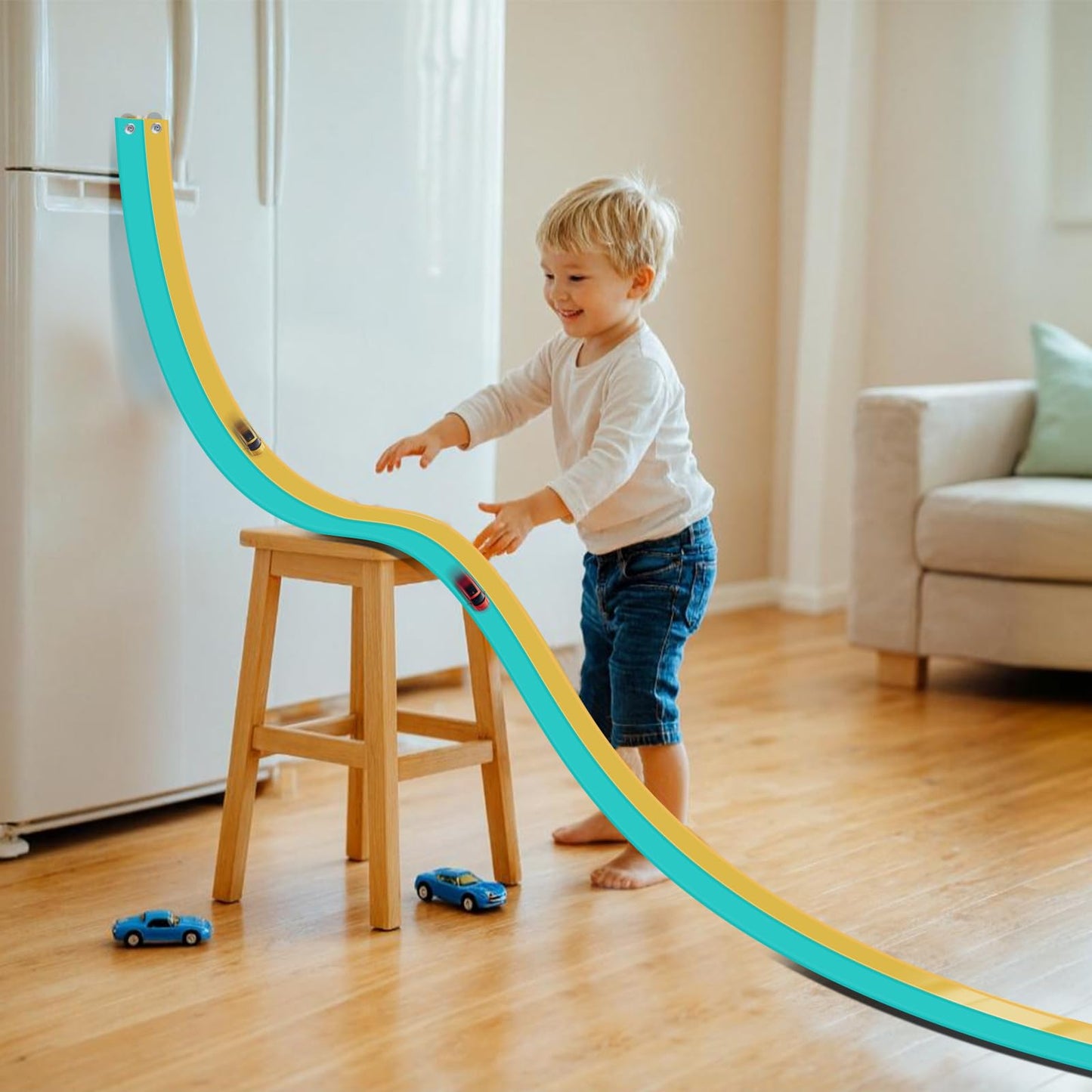 AQFR Flex Tracks 15 Ft Starter Set – Flexible Race Car Ramp Track for 1/64 Diecast Cars | Ages 3+ (Daytona Blue & Yellow)