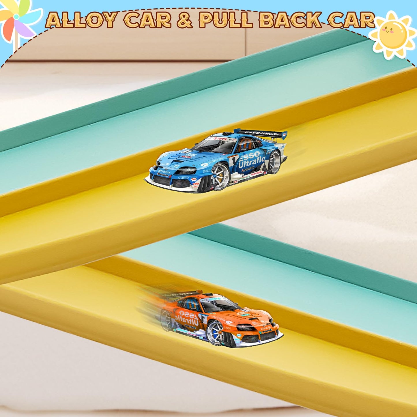 AQFR Flex Tracks 15 Ft Starter Set – Flexible Race Car Ramp Track for 1/64 Diecast Cars | Ages 3+ (Daytona Blue & Yellow)