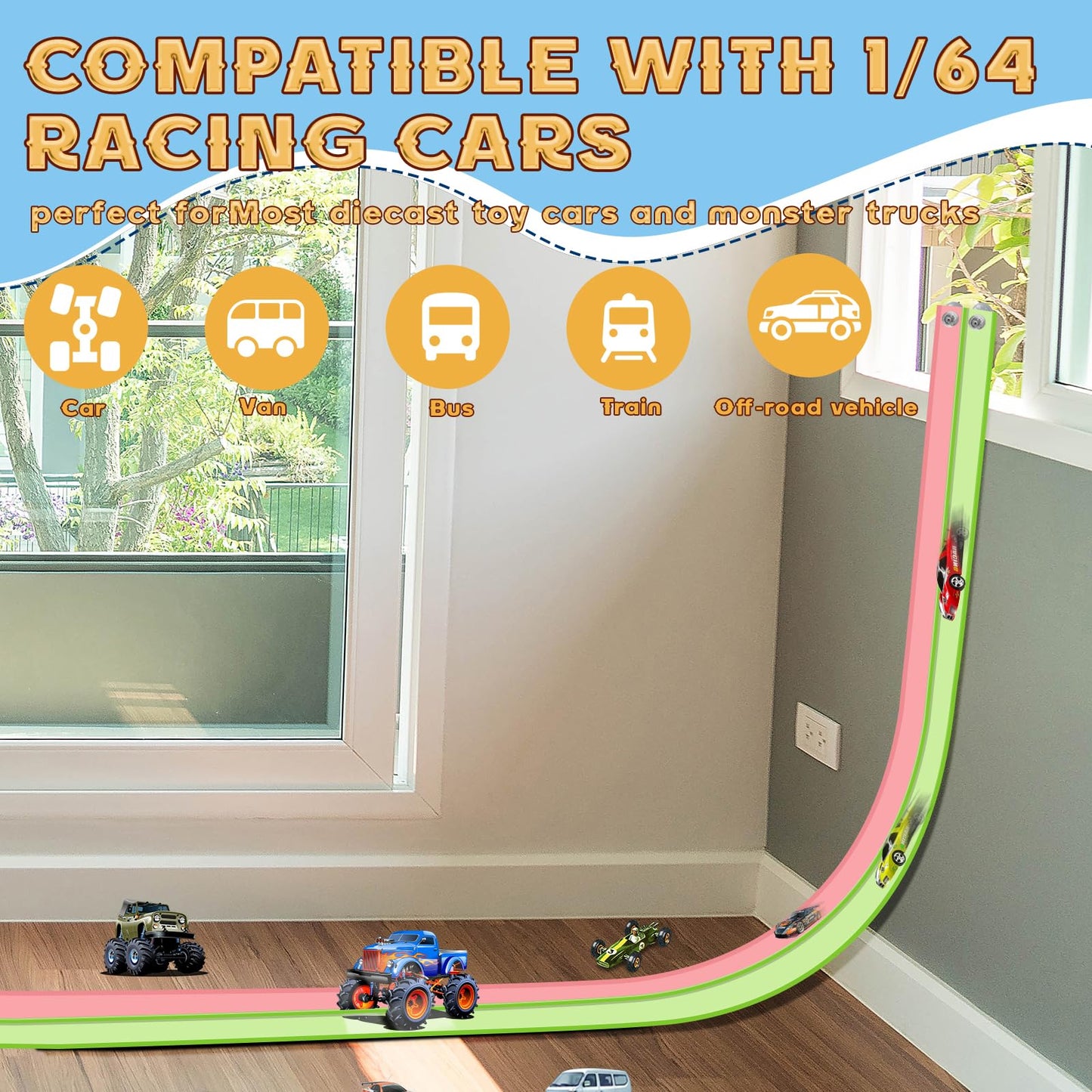 AQFR Flex Tracks 15 Ft Starter Set – Flexible Race Track for Kids (Green & Pink)
