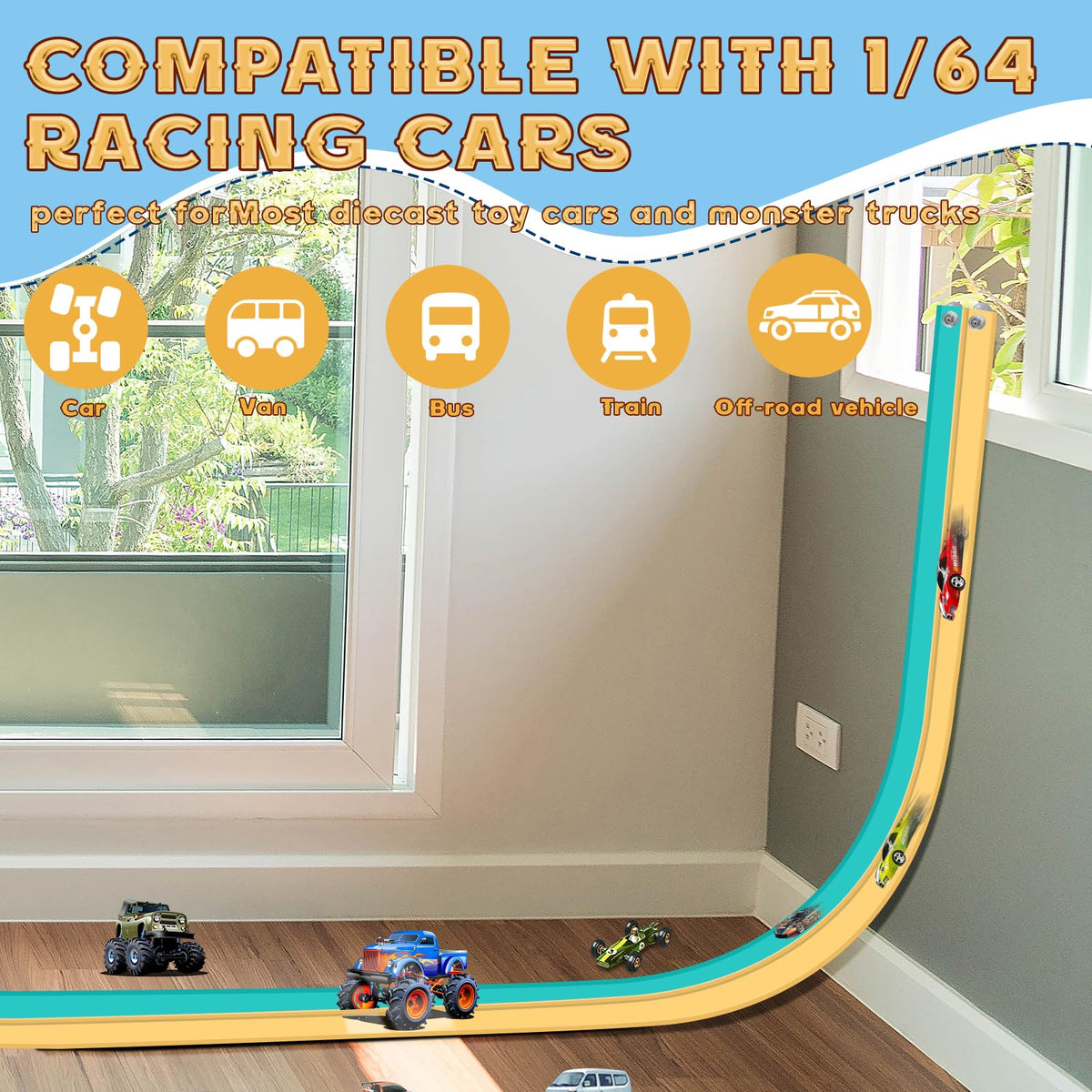 AQFR Flex Tracks 15 Ft Starter Set – Flexible Race Car Ramp Track for 1/64 Diecast Cars | Ages 3+ (Daytona Blue & Yellow)