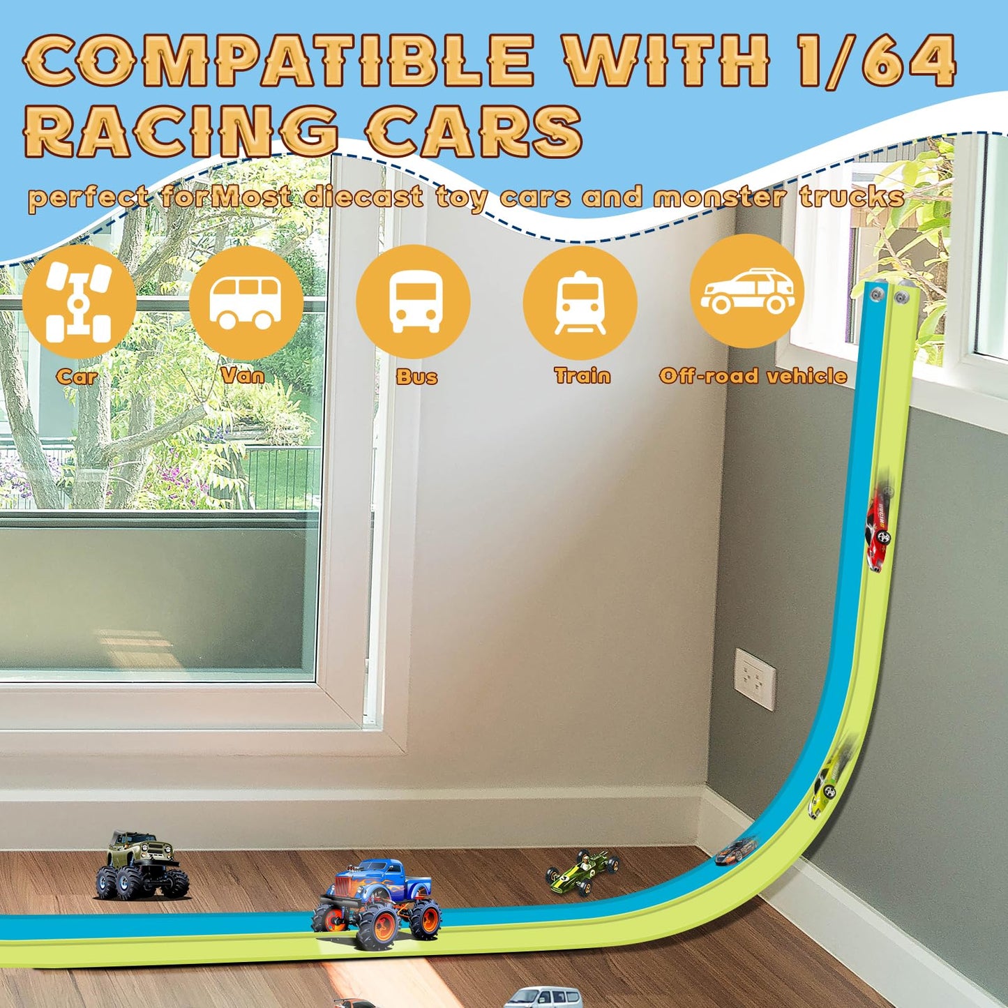AQFR Flex Tracks 15 Ft Starter Set – Flexible Two-Lane Race Track with Suction Cups (Ages 3+), Green & Blue
