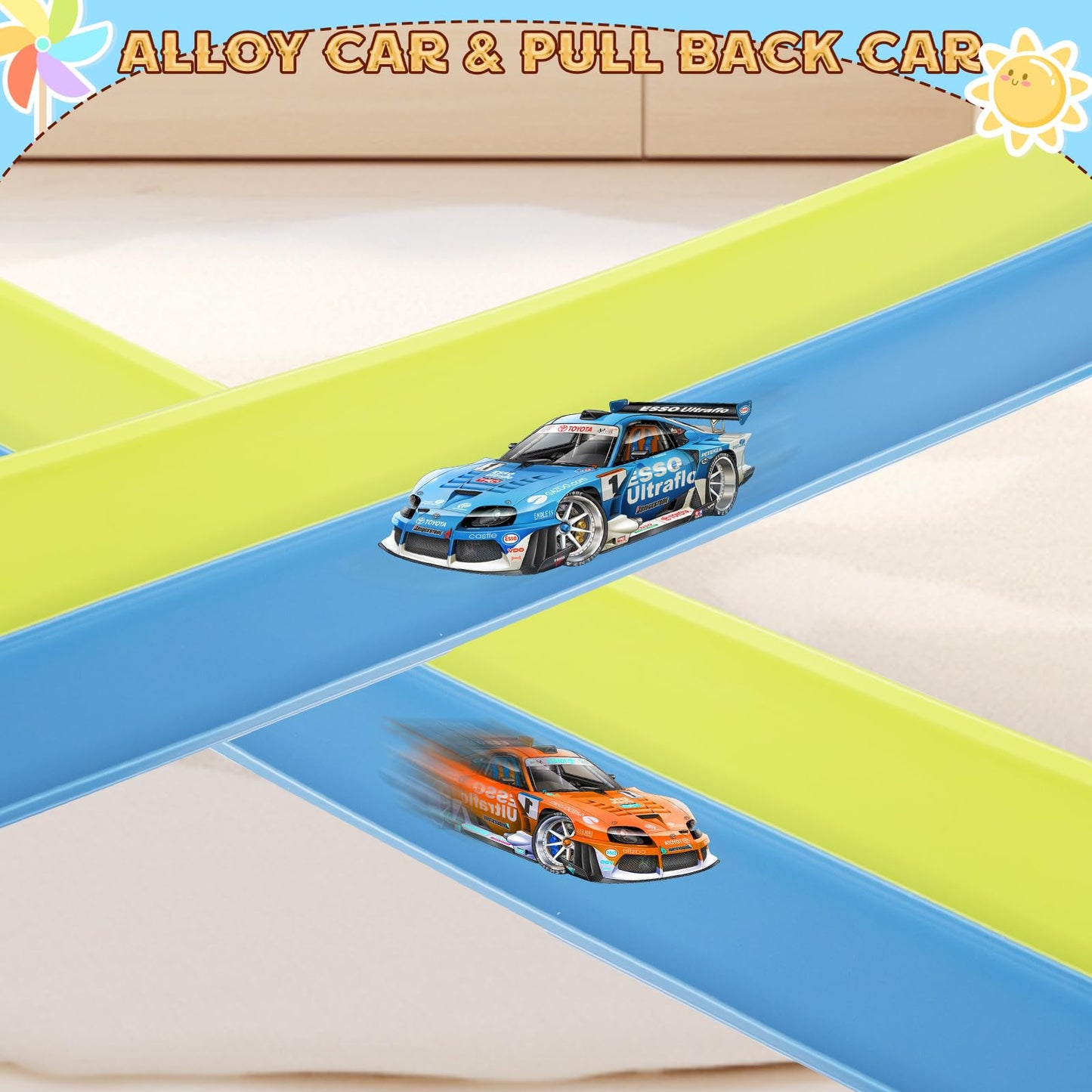AQFR Flex Tracks 15 Ft Starter Set – Flexible Two-Lane Race Track with Suction Cups (Ages 3+), Green & Blue
