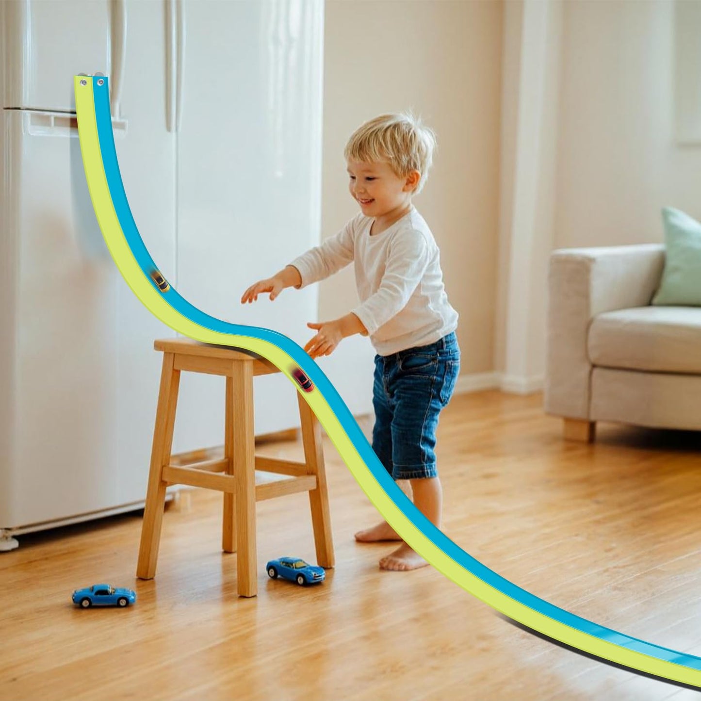 AQFR Flex Tracks 15 Ft Starter Set – Flexible Two-Lane Race Track with Suction Cups (Ages 3+), Green & Blue