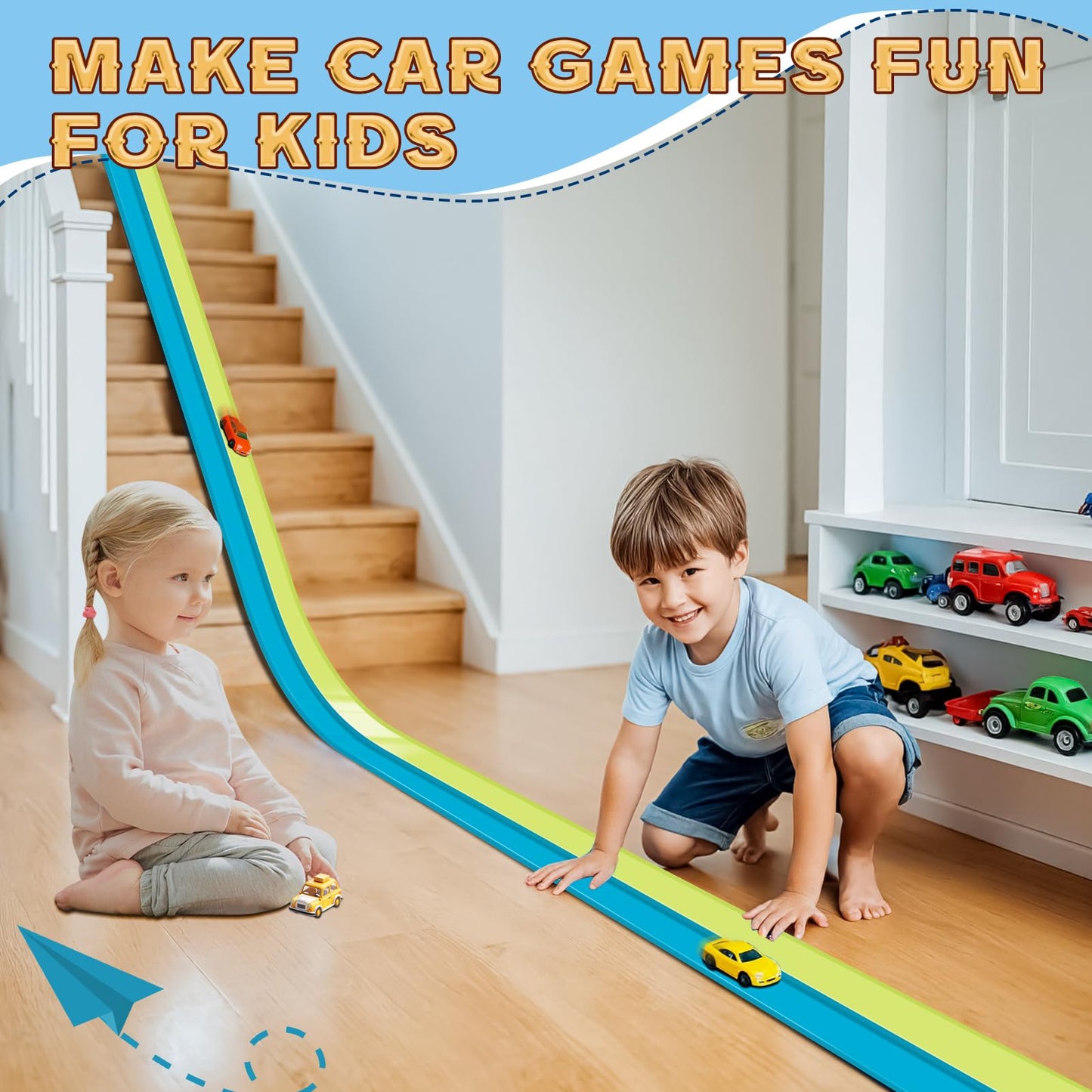 AQFR Flex Tracks 15 Ft Starter Set – Flexible Two-Lane Race Track with Suction Cups (Ages 3+), Green & Blue