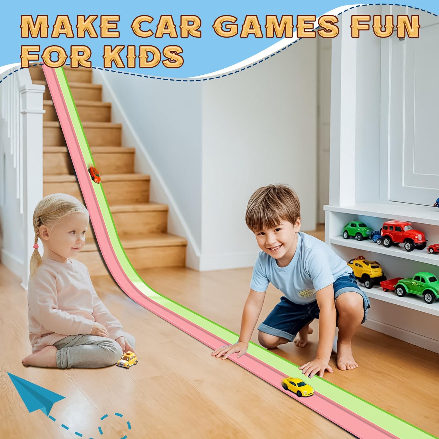 AQFR Flex Tracks 15 Ft Starter Set – Flexible Race Track for Kids (Green & Pink)