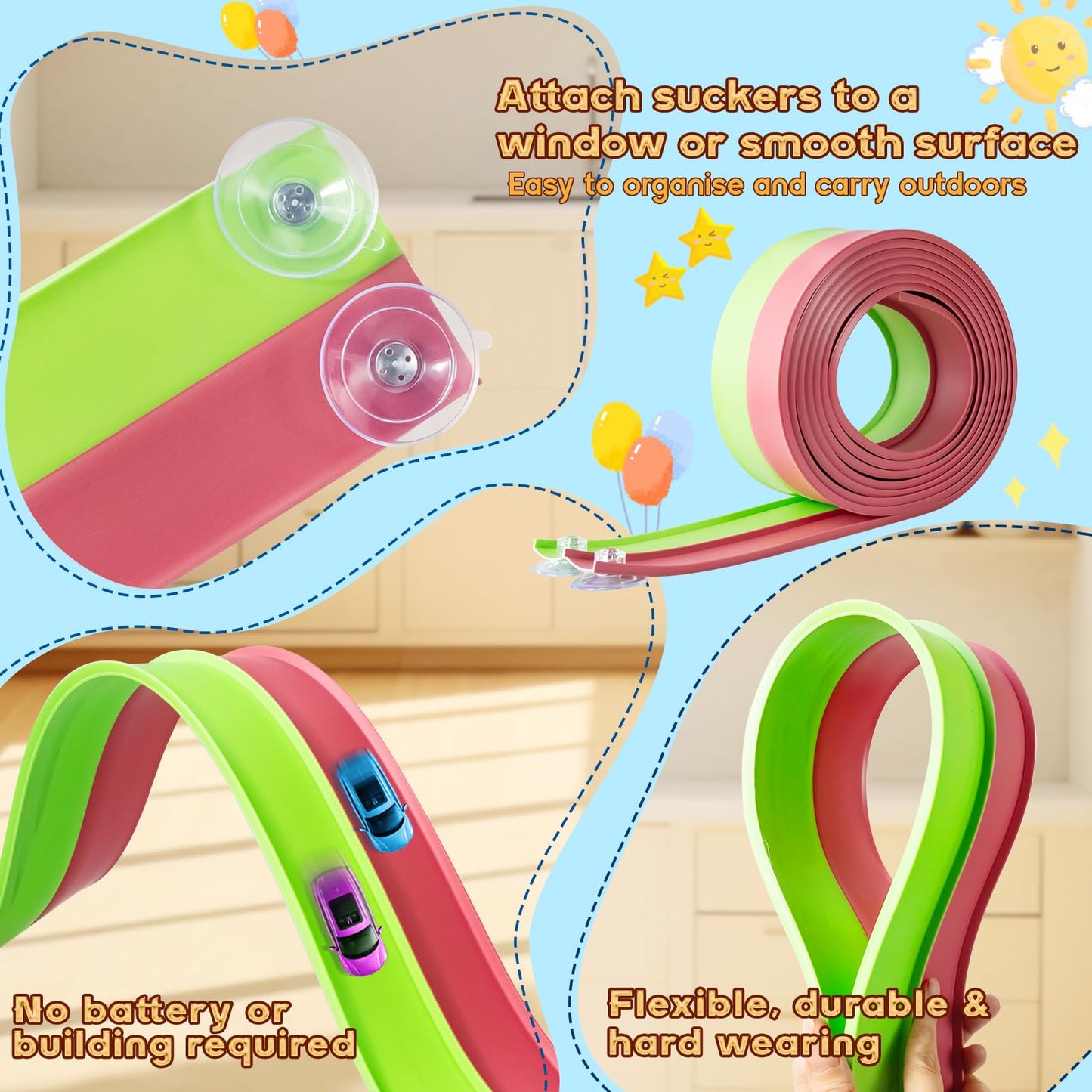 AQFR Flex Tracks 15 Ft Starter Set – Flexible Race Track for Kids (Green & Pink)
