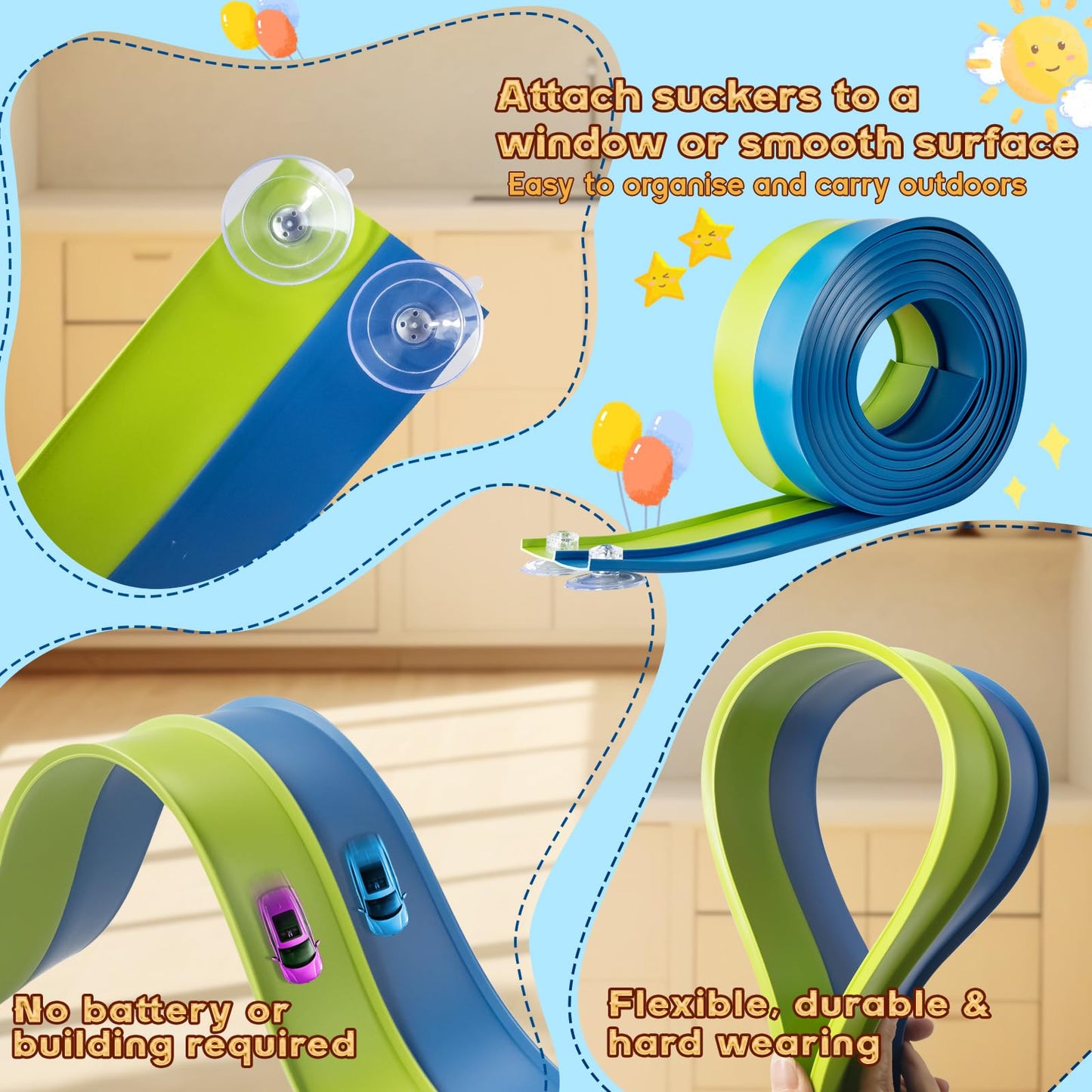 AQFR Flex Tracks 15 Ft Starter Set – Flexible Two-Lane Race Track with Suction Cups (Ages 3+), Green & Blue