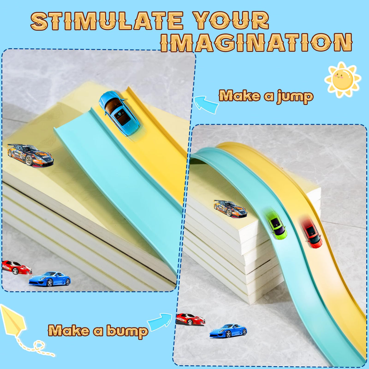 AQFR Flex Tracks 15 Ft Starter Set – Flexible Race Car Ramp Track for 1/64 Diecast Cars | Ages 3+ (Daytona Blue & Yellow)