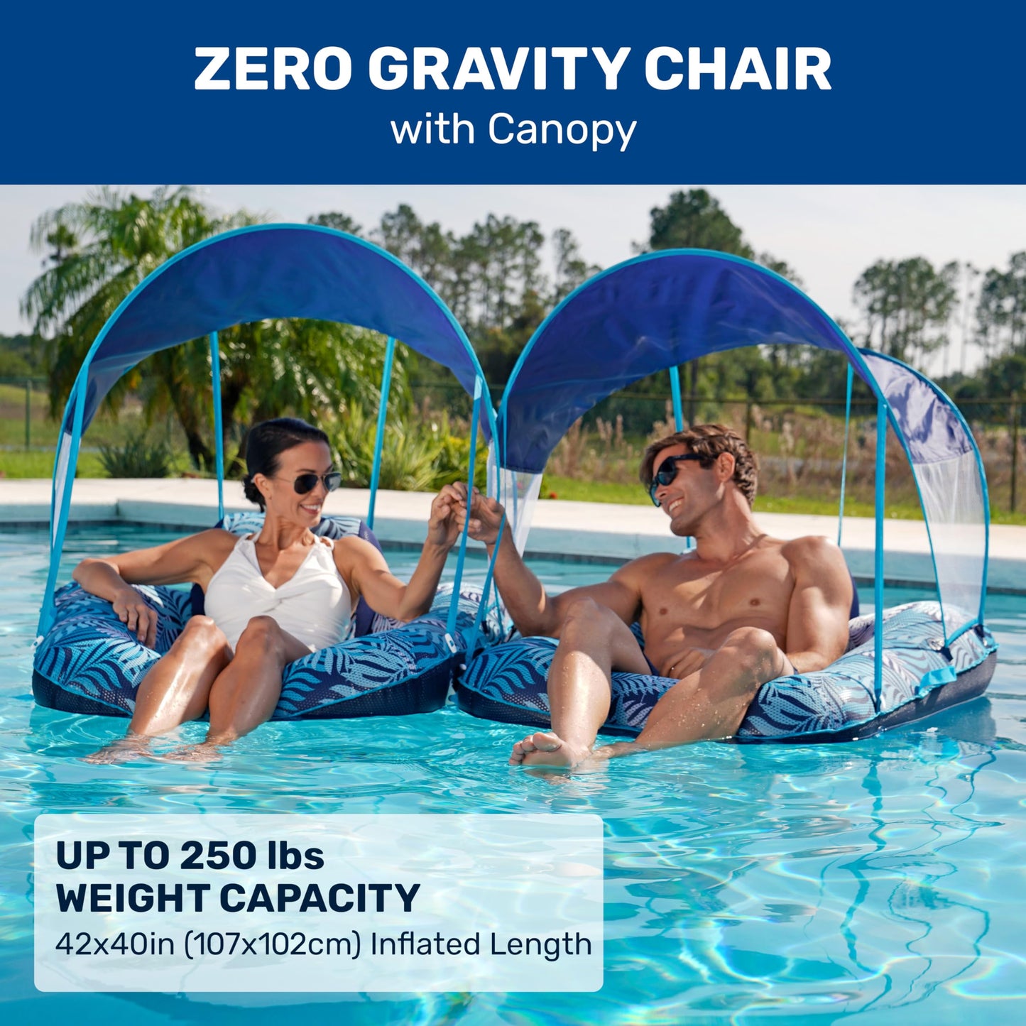 Aqua LEISURE New Aqua Zero Gravity Pool Chair Float with Sunshade Canopy – Blue Fern