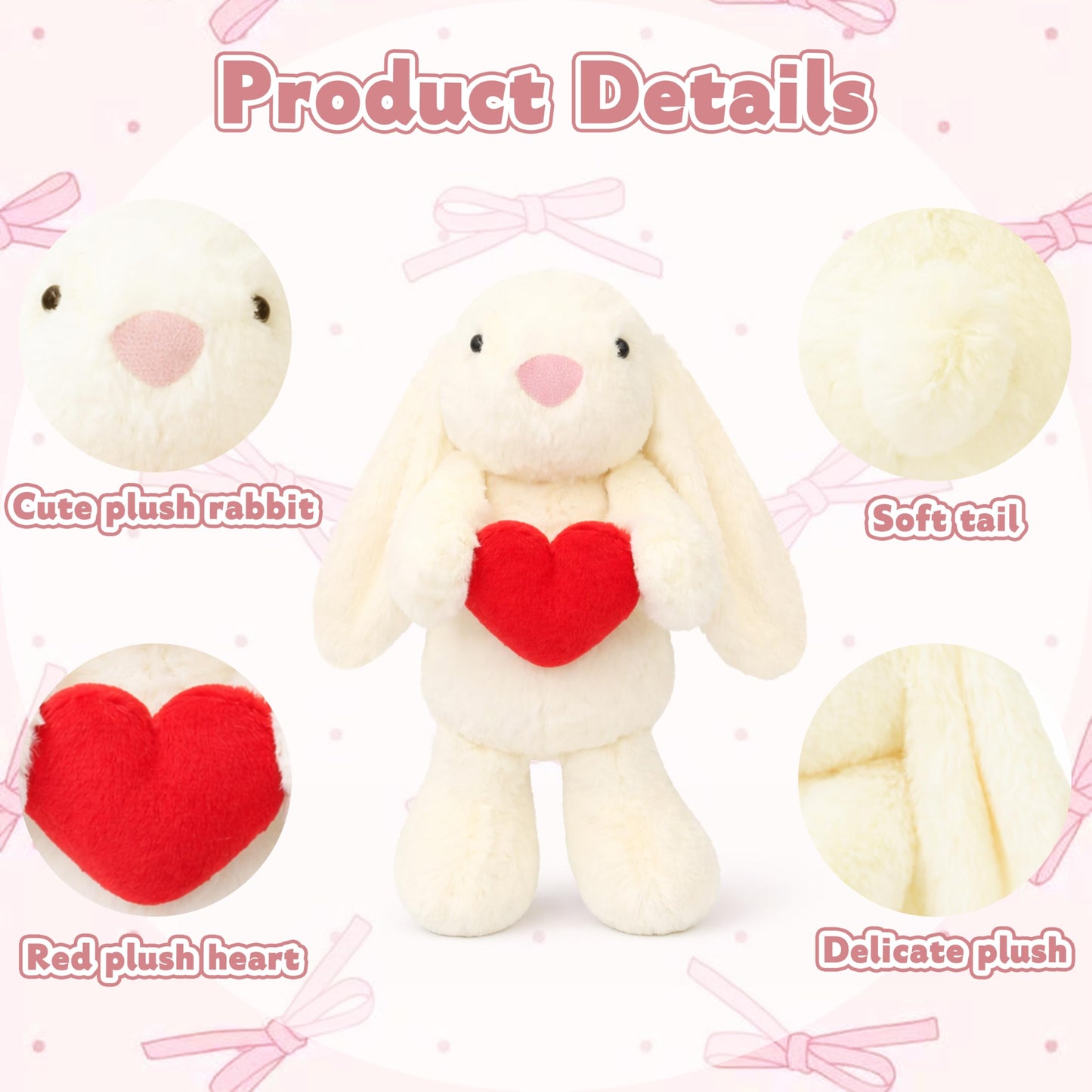 Aqushymallow Cow 8'' Bunny Plush with Red Heart – Soft Stuffed Toy for Kids & Adults