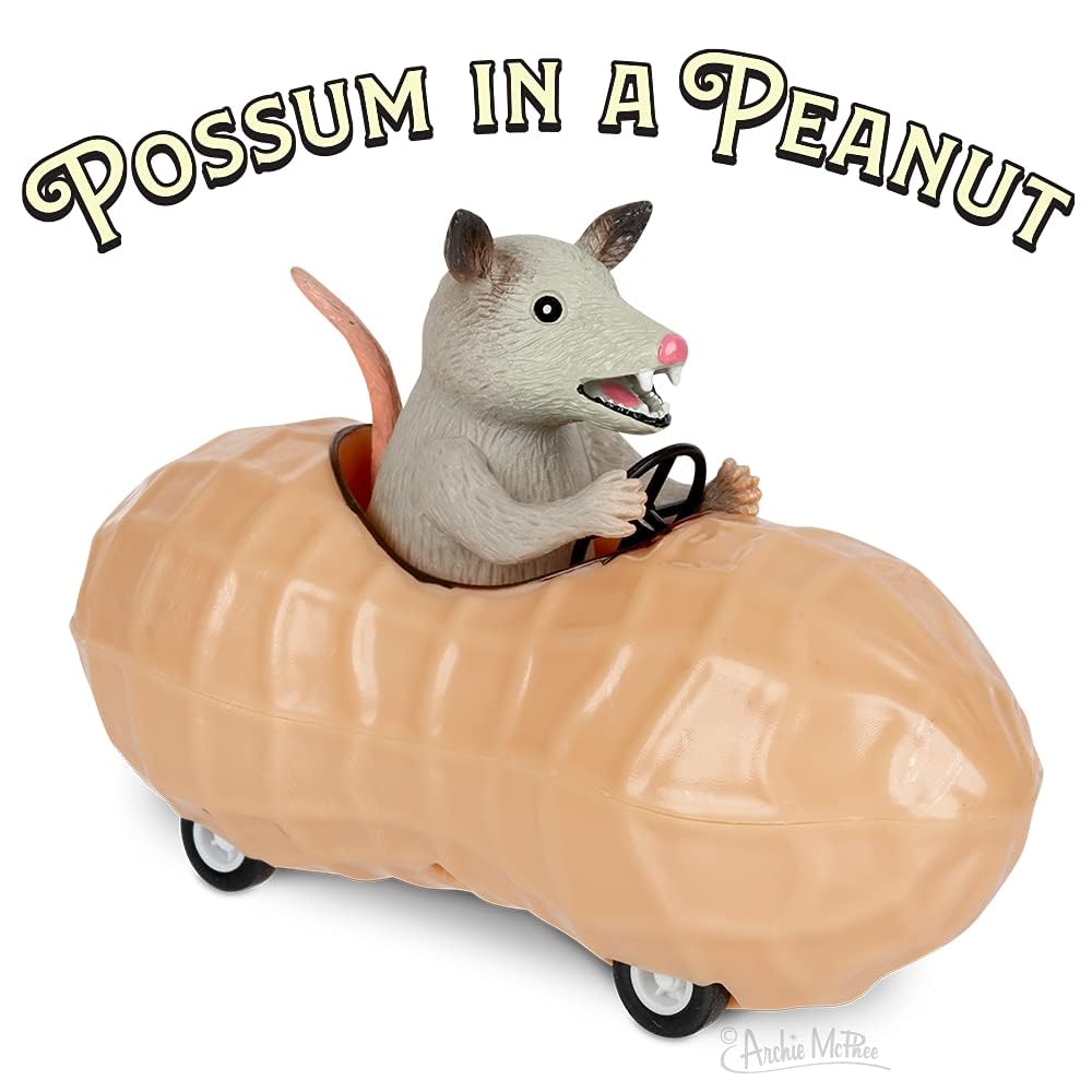 Archie McPhee Possum in a Peanut Pull-Back Toy Car - 5 Inch Collectible