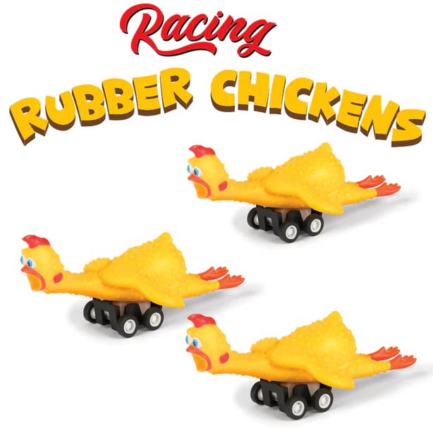 Archie McPhee Racing Rubber Chickens – 3 Piece Set | Pull-Back Tabletop Fun