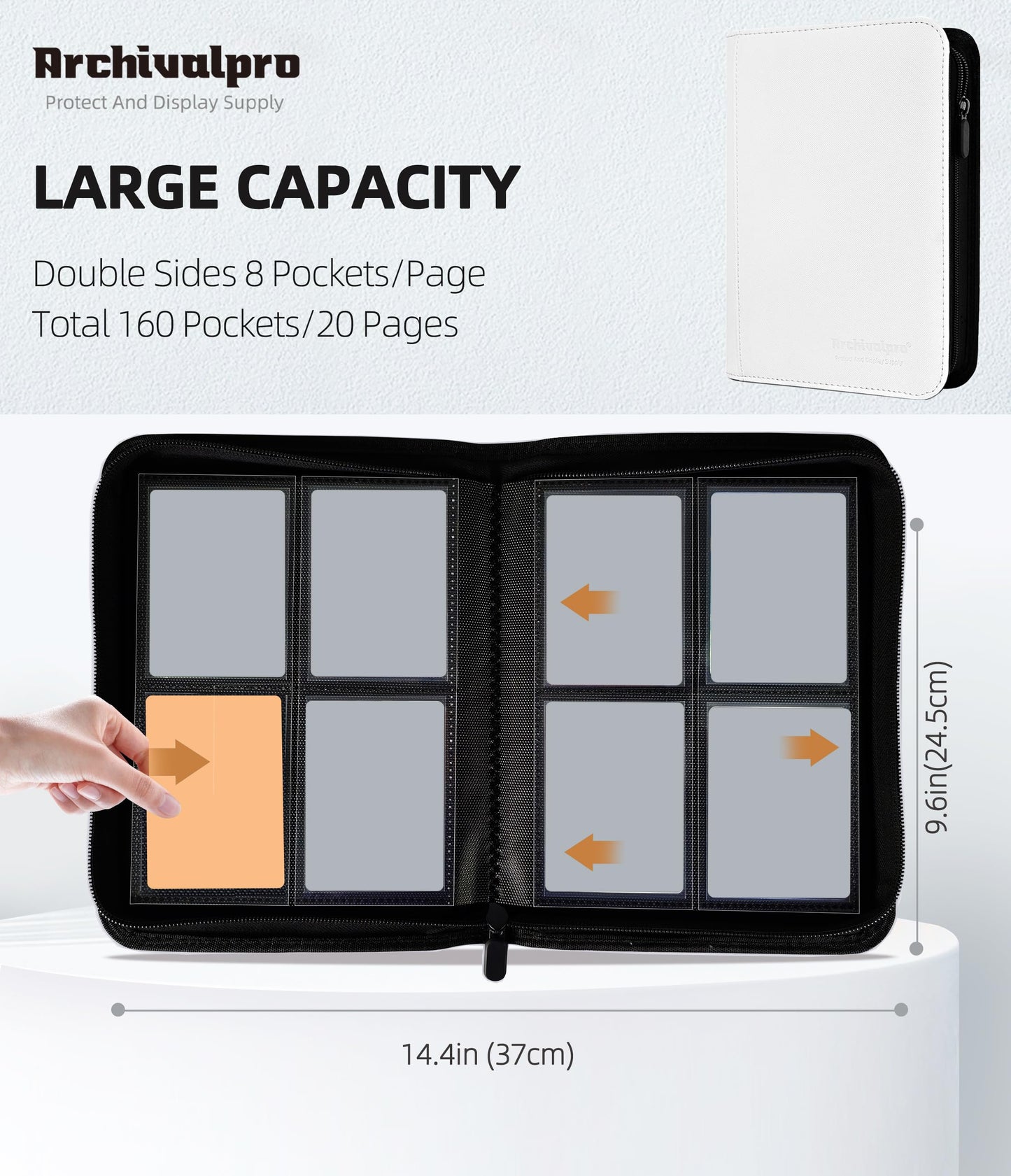 ARCHIVALPRO Premium Trading Card Binder – 4–20 Pockets, Zip Side Loading, 160–1280 Cards (White)