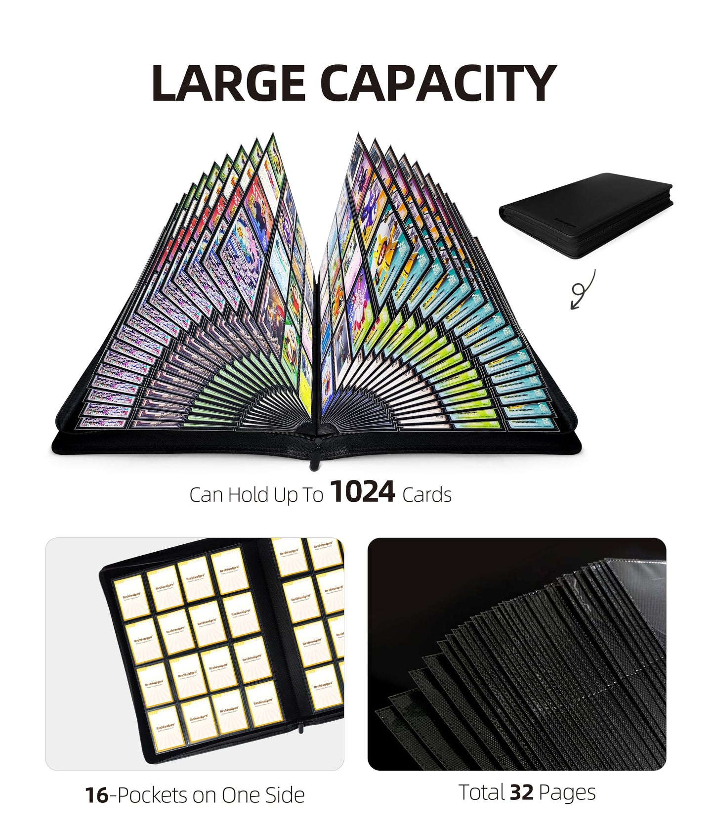 ARCHIVALPRO Trading Card Binder | 16-Pocket Side-Loading No Ring Album – Holds 1024 Cards in 32 Pages – Black