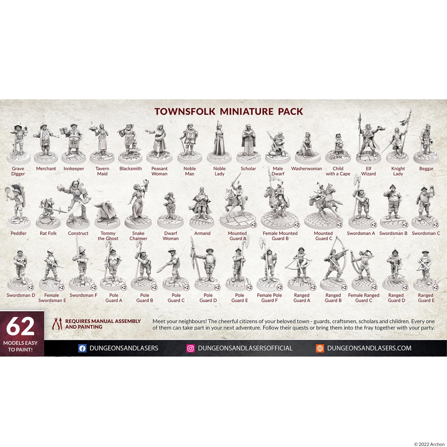Archon Studio Dungeons & Lasers Townsfolk: 62 NPC Minis, 28mm, Unpainted