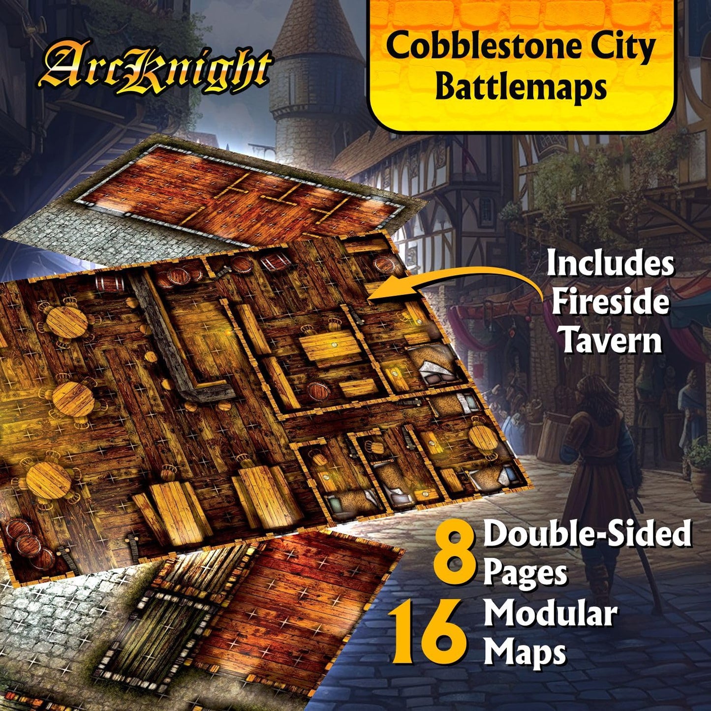 Arcknight Cobblestone City Battlemaps | 16 Modular RPG Maps on 8 Double-Sided Pages for D&D & Pathfinder