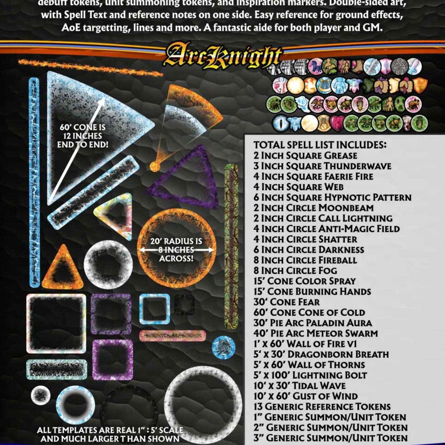 Arcknight D&D Spell Effects AOE Templates – 24pc Marker Set for 5E