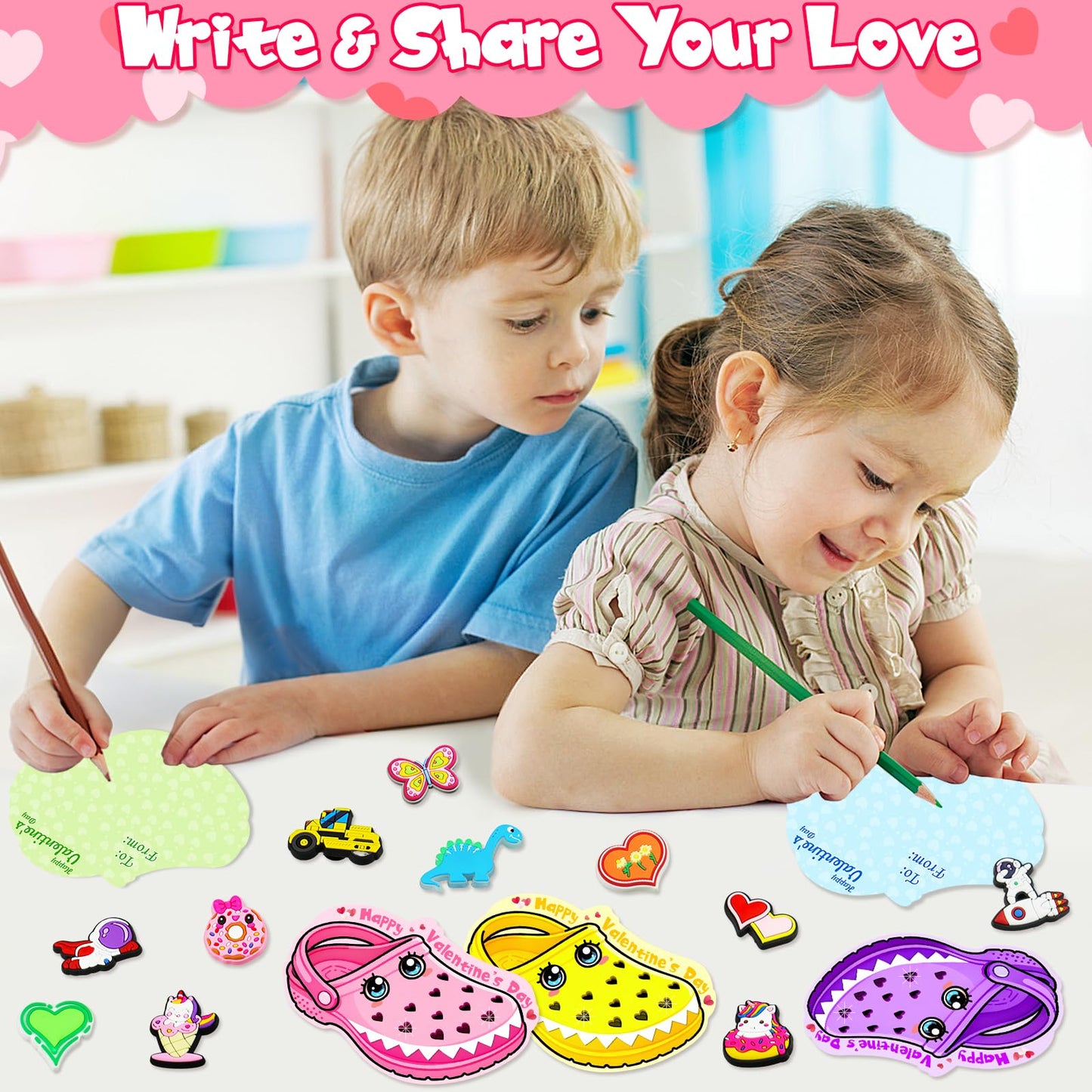 Arfun Valentines Day Cards for Kids — 36 Card Set with 72 Shoe Charms & 40 Bags