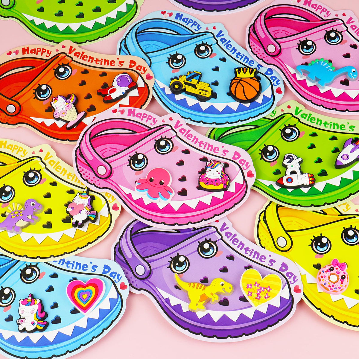 Arfun Valentines Day Cards for Kids — 36 Card Set with 72 Shoe Charms & 40 Bags