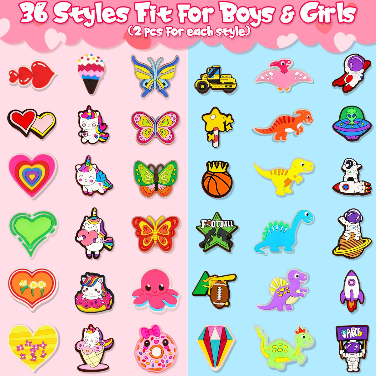 Arfun Valentines Day Cards for Kids — 36 Card Set with 72 Shoe Charms & 40 Bags