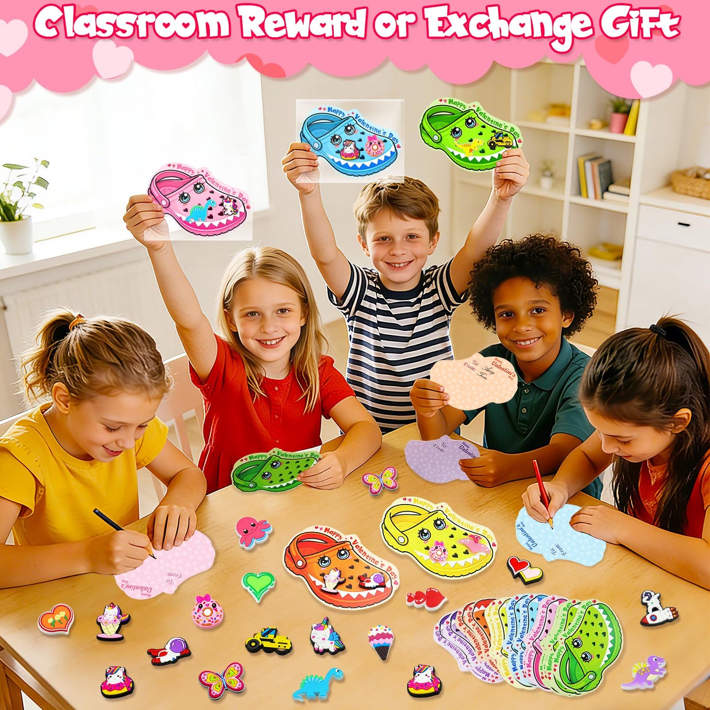 Arfun Valentines Day Cards for Kids — 36 Card Set with 72 Shoe Charms & 40 Bags