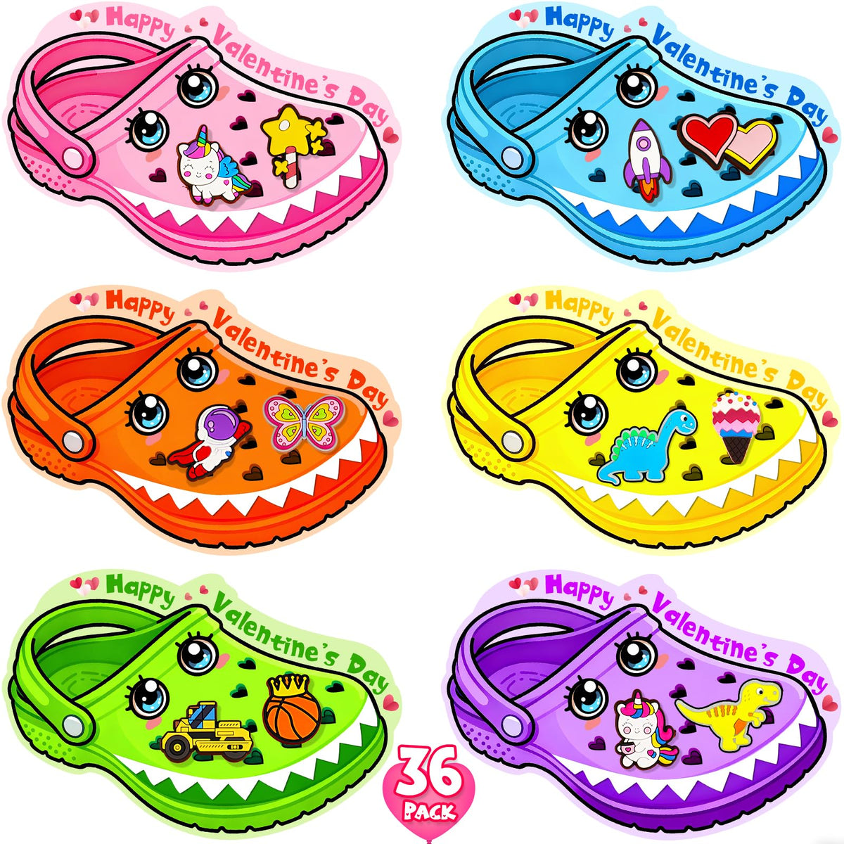 Arfun Valentines Day Cards for Kids — 36 Card Set with 72 Shoe Charms & 40 Bags