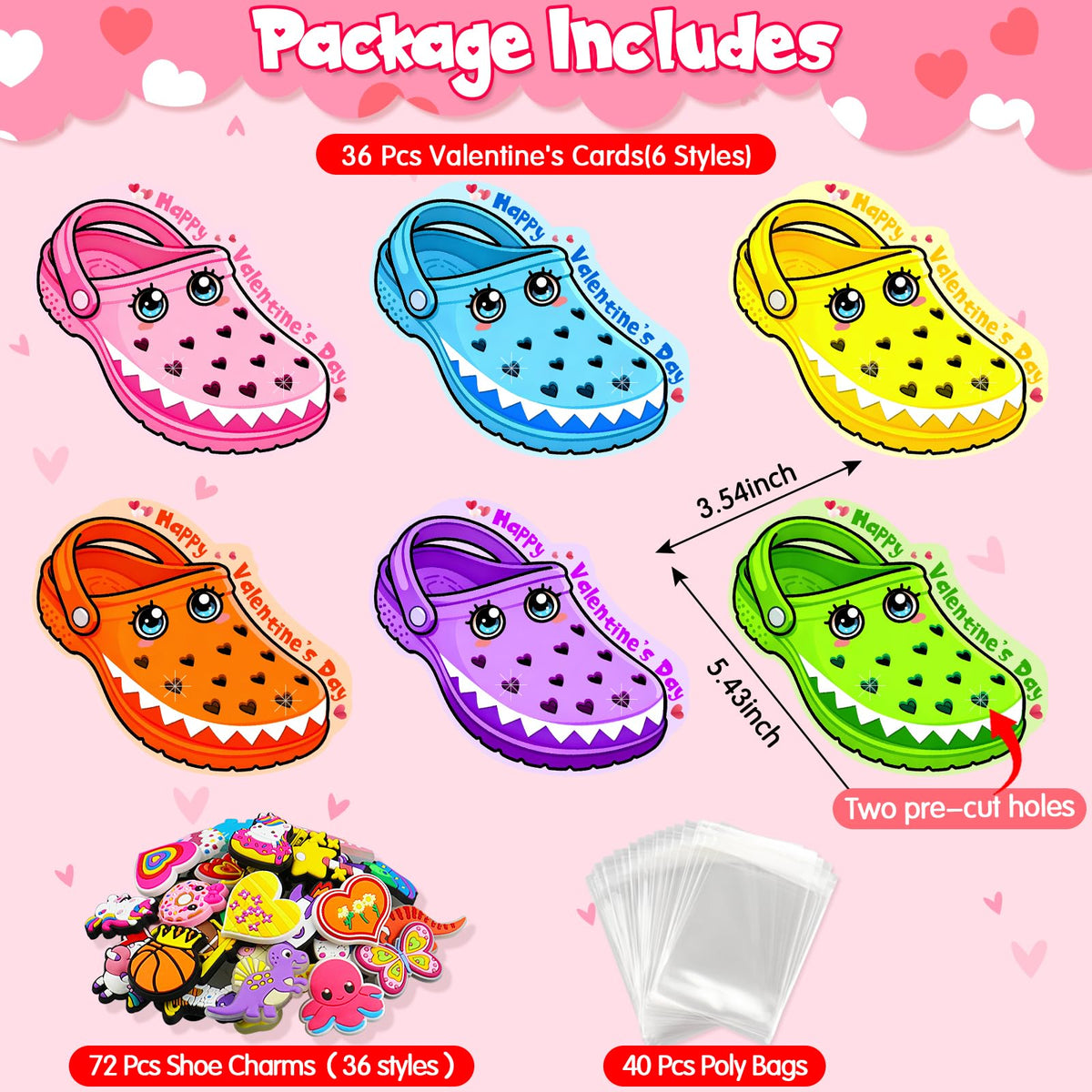 Arfun Valentines Day Cards for Kids — 36 Card Set with 72 Shoe Charms & 40 Bags