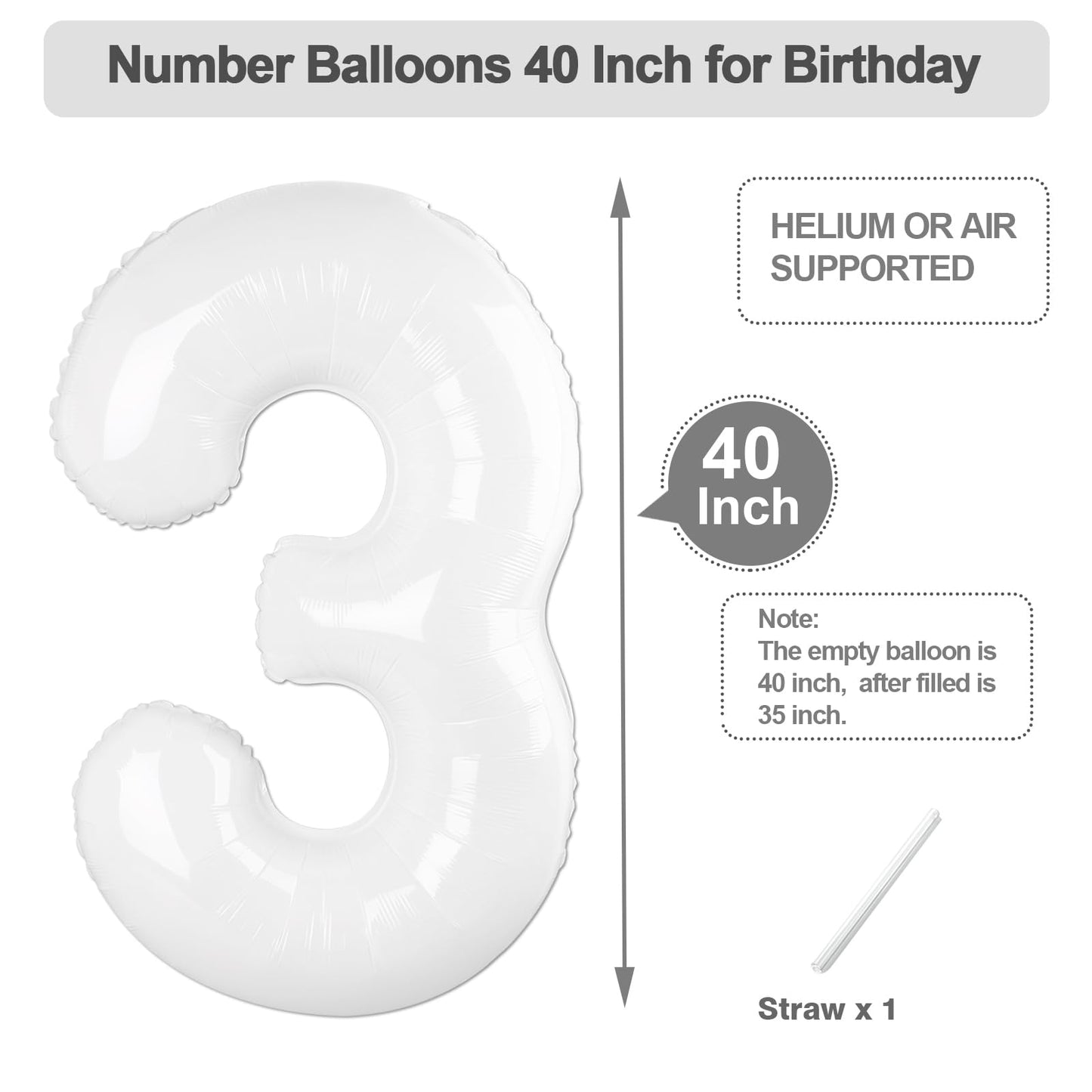 Argthjy 40-Inch Number 3 Balloon – White Foil Birthday Balloons