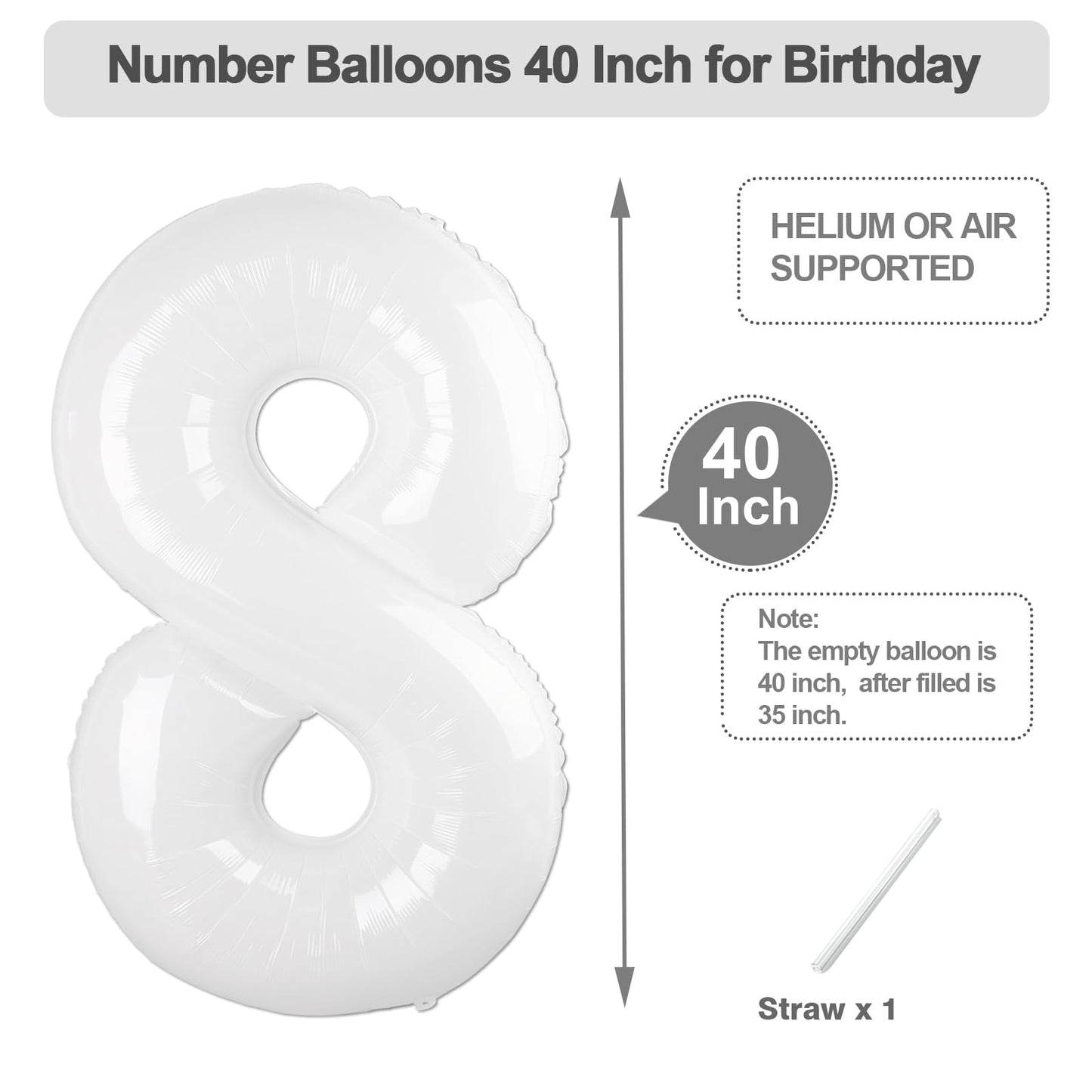 Argthjy 40-Inch White Number 8 Foil Balloon – Birthday Party Decor for 8th, 18th, 28th, 80th Celebrations