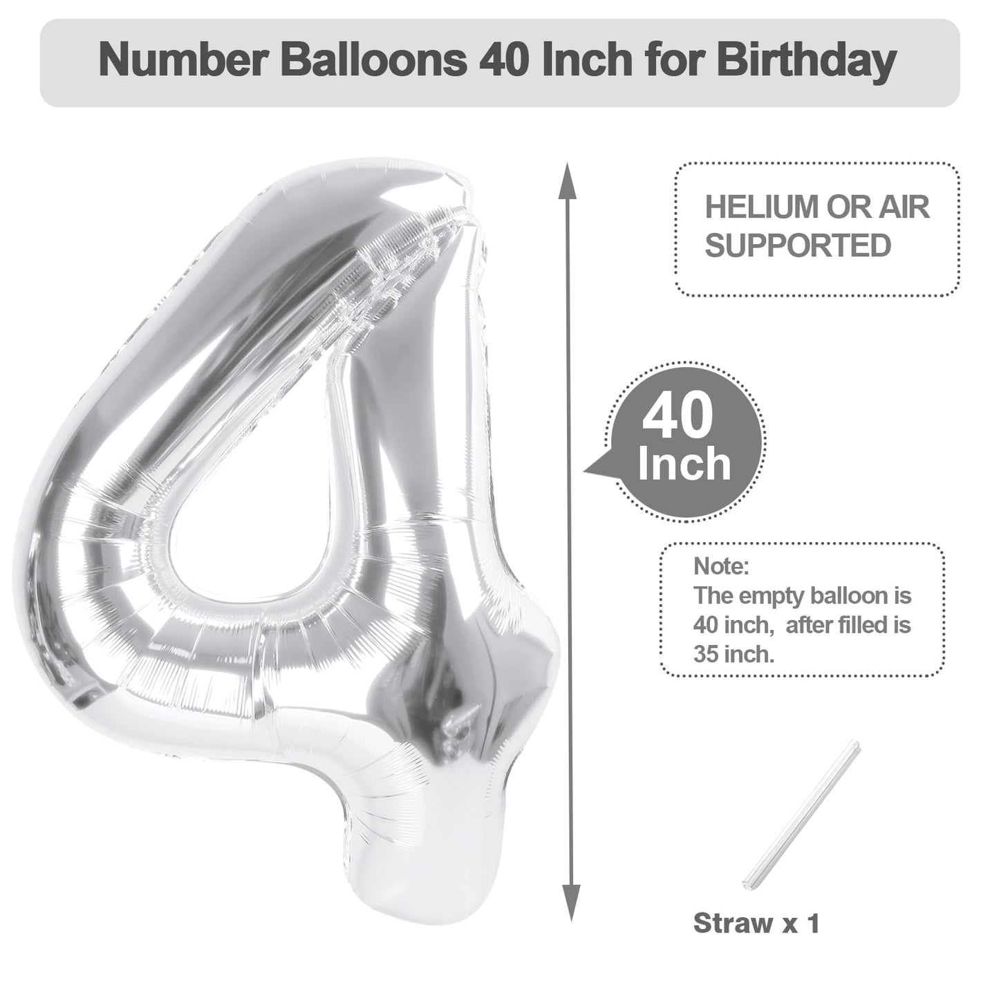 Argthjy 40-Inch Silver Number 4 Foil Balloon – Large Birthday Party Decor