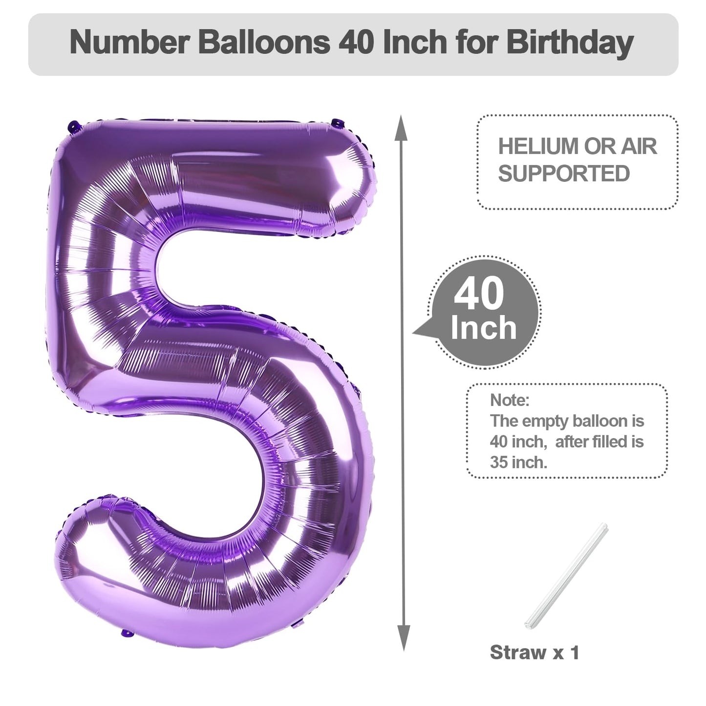 Argthjy Number 5 40-Inch Purple Foil Balloon | Birthday & Event Decor