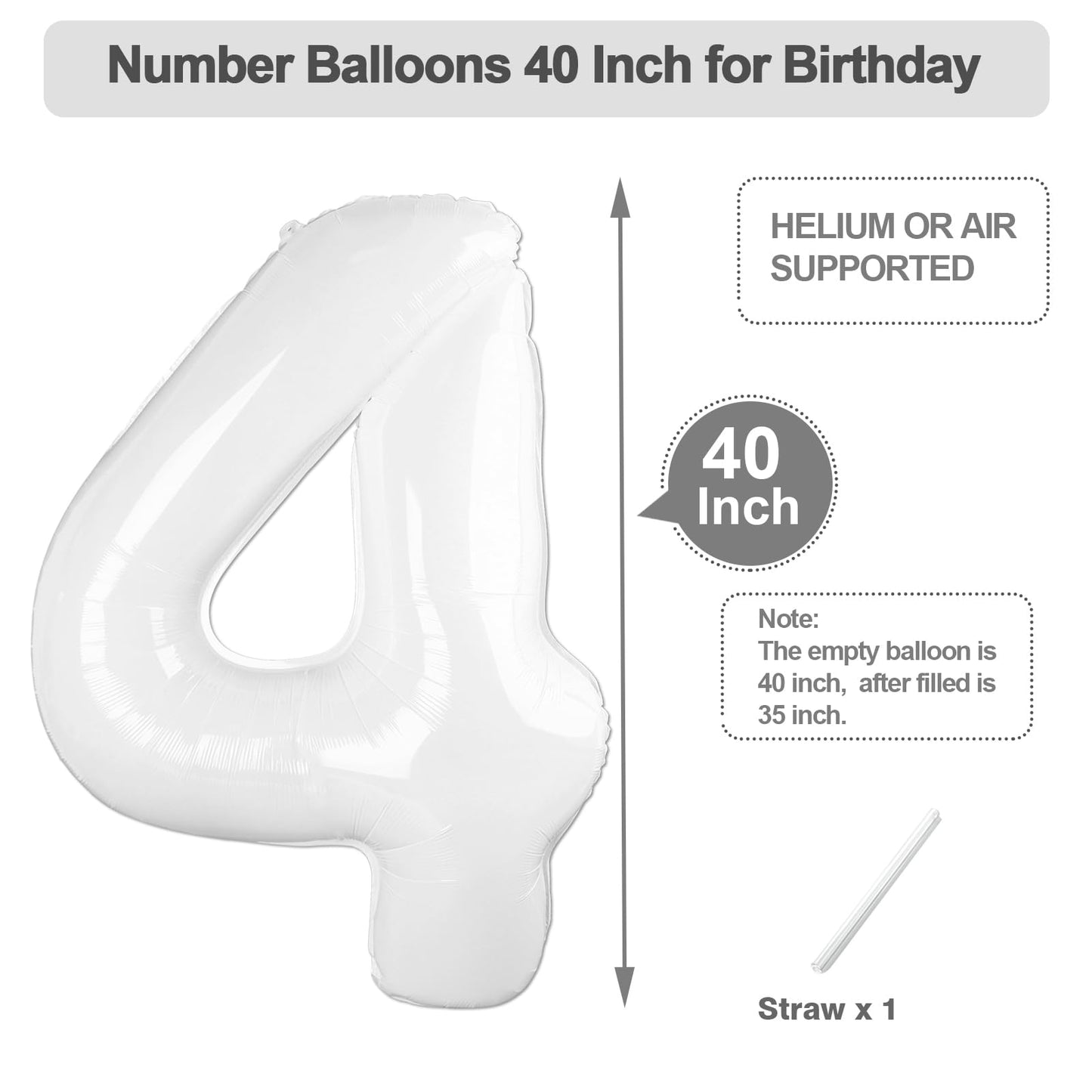 Argthjy 40-Inch White Number 4 Foil Balloon – Large Birthday & Celebration Decor