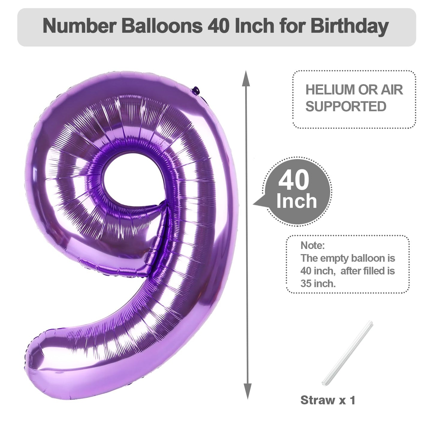 Argthjy Purple 9 Birthday Balloon – 40 Inch Foil Number Balloon