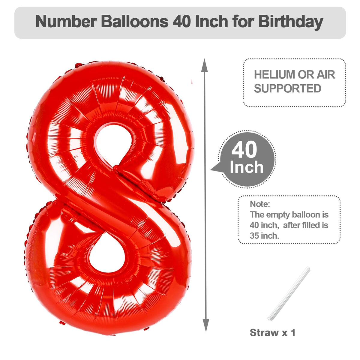 Argthjy 8 Birthday Balloon – 40 Inch Red Foil Number Balloon for Birthdays & Celebrations