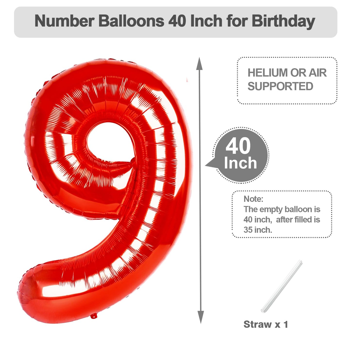 Argthjy Red 9 Balloon – 40-Inch Foil Number Balloon for Birthdays & Celebrations