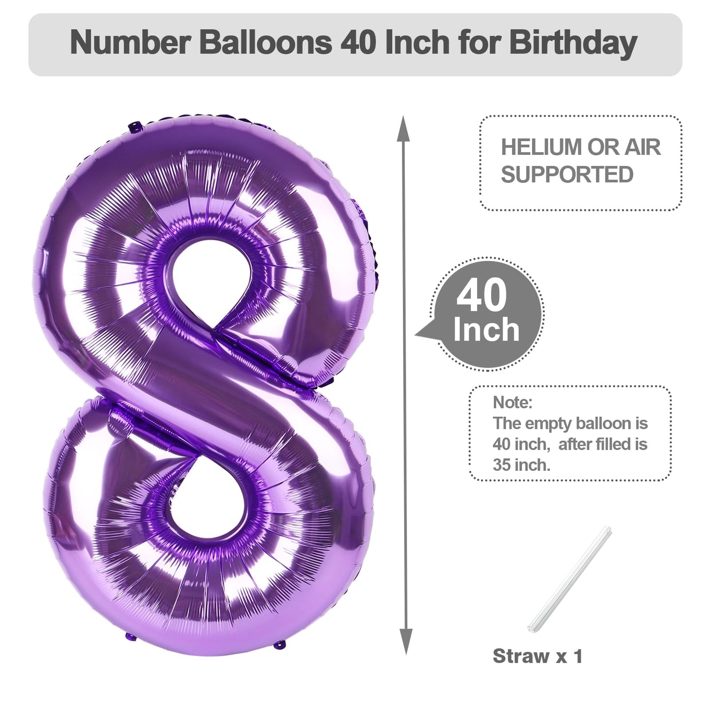 Argthjy 40 Inch Purple 8-Number Balloon | Large Foil Birthday Decor