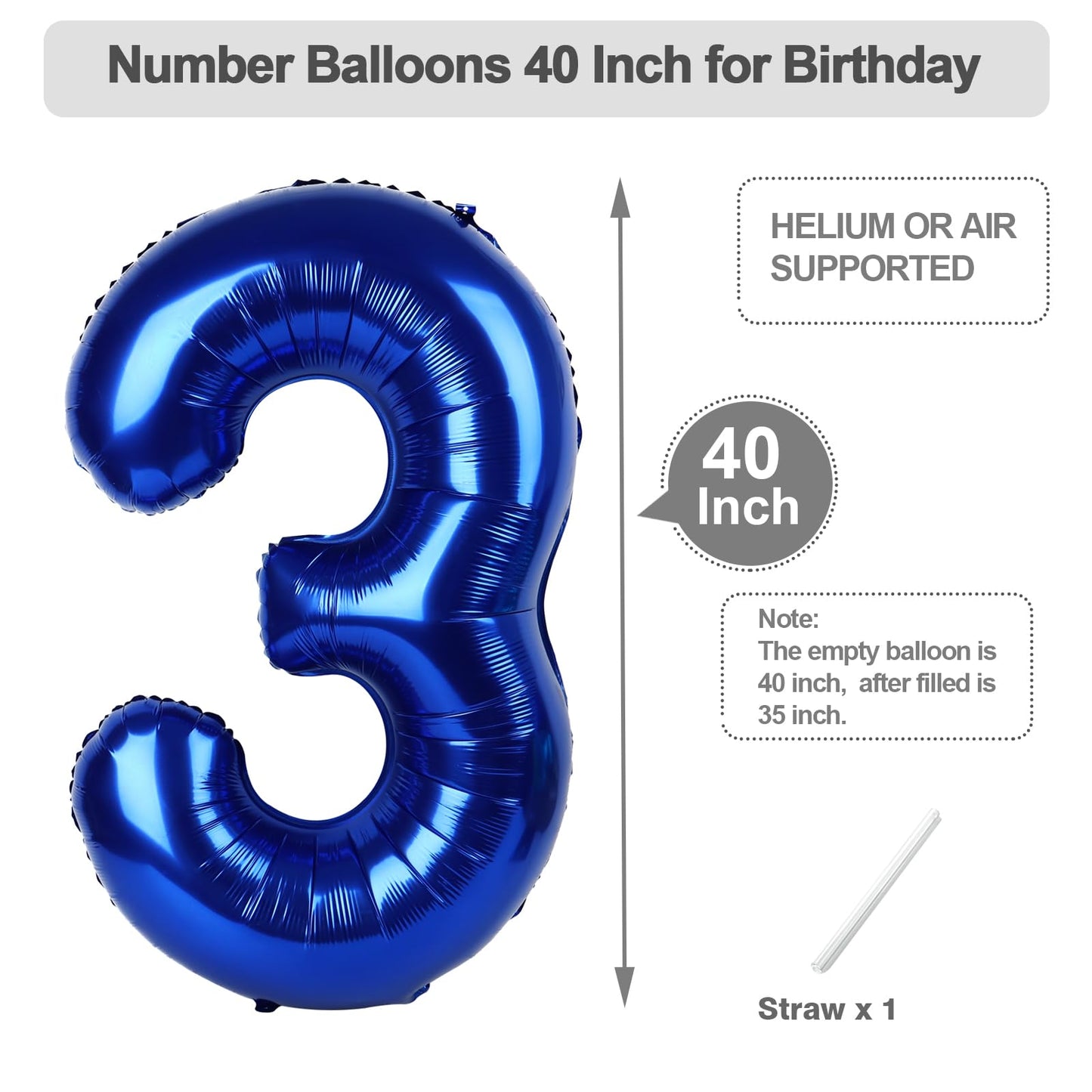 Argthjy 40-Inch Navy Blue Number 3 Balloon – Large Foil Birthday Decor